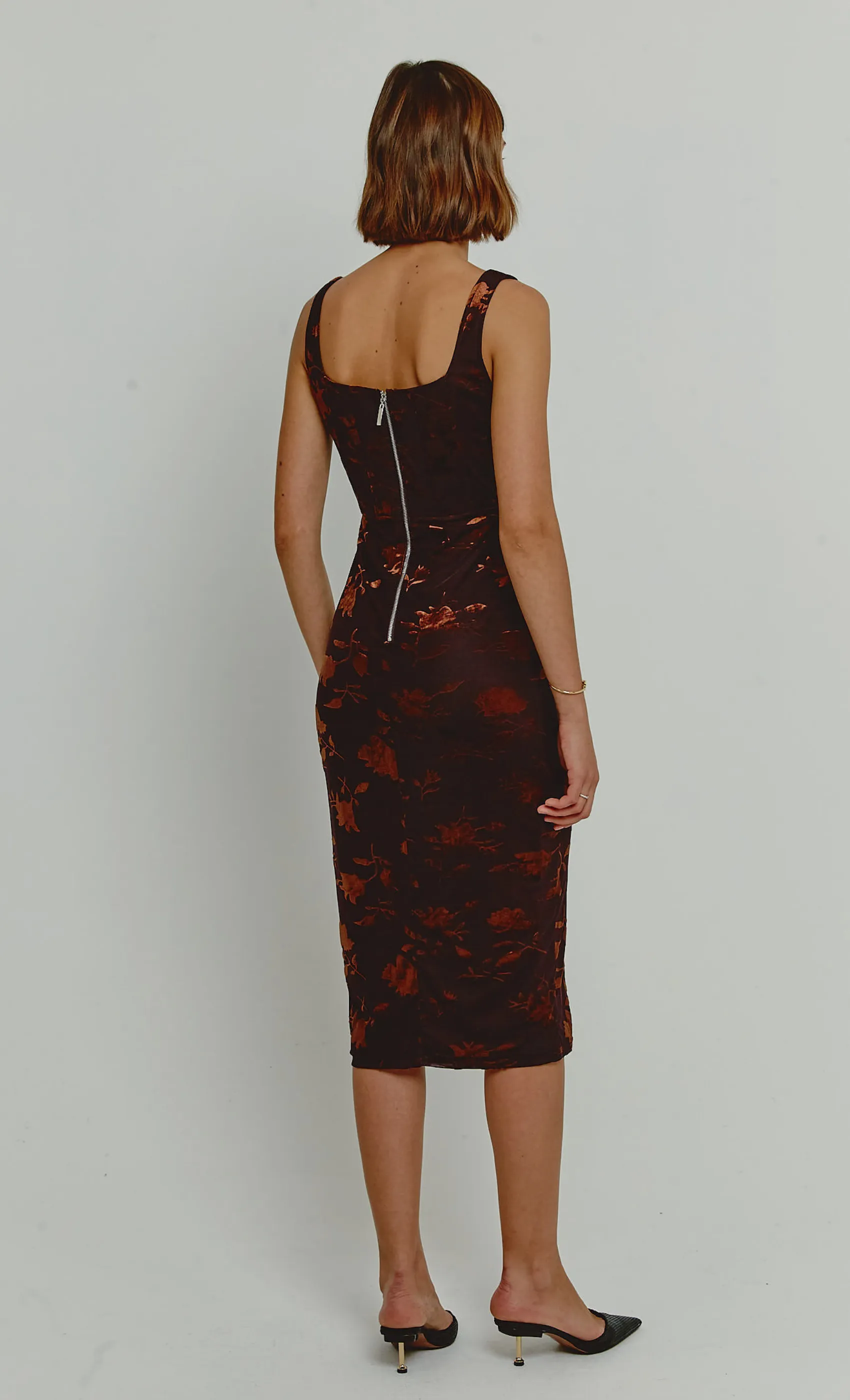 Brown Burnout Floral Corset Dress