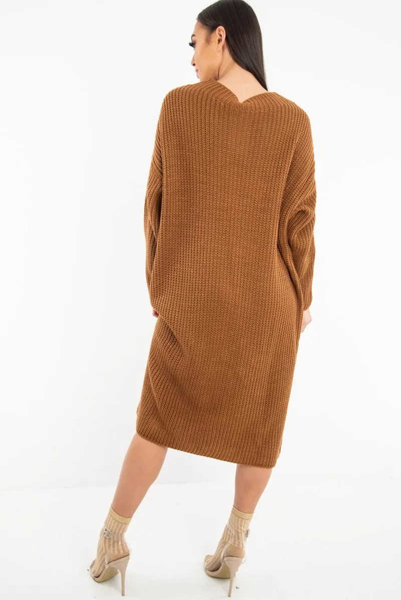 Brown Chunky Knit Slash Neck Jumper Dress - Hessie