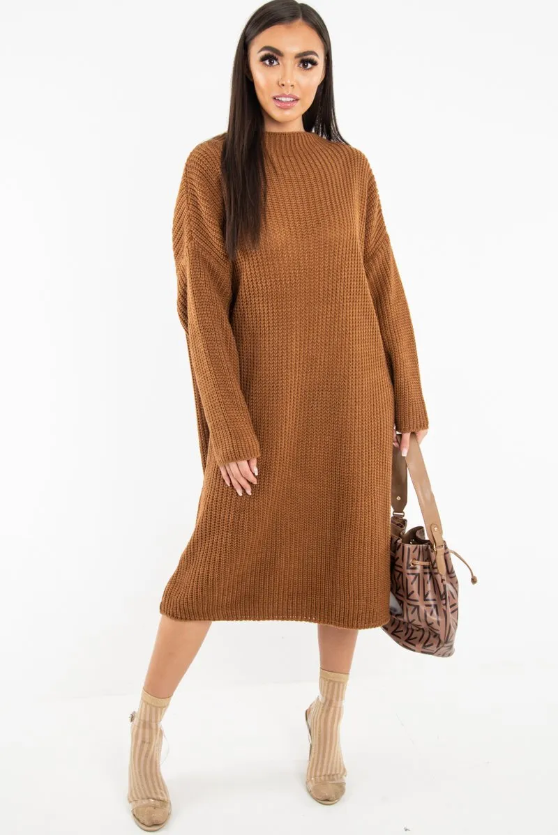 Brown Chunky Knit Slash Neck Jumper Dress - Hessie