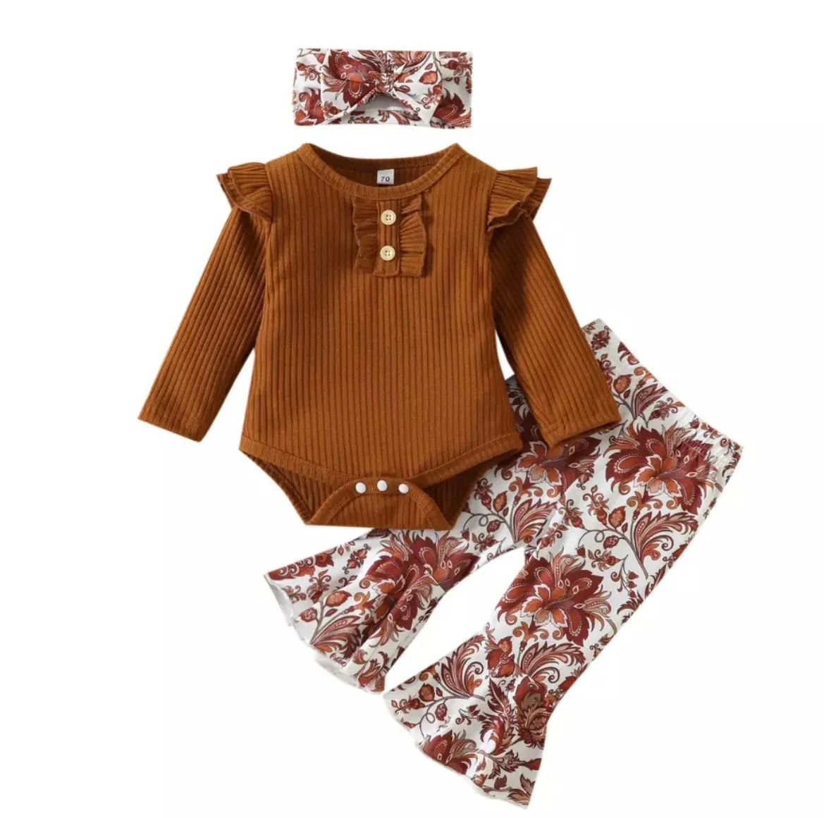 Brown Floral Flared Pants Set