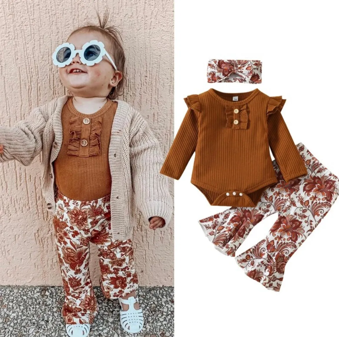 Brown Floral Flared Pants Set