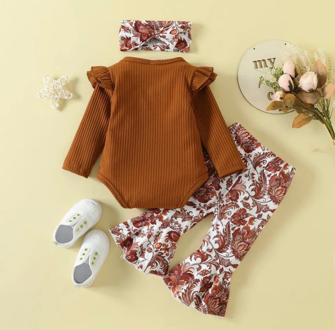 Brown Floral Flared Pants Set