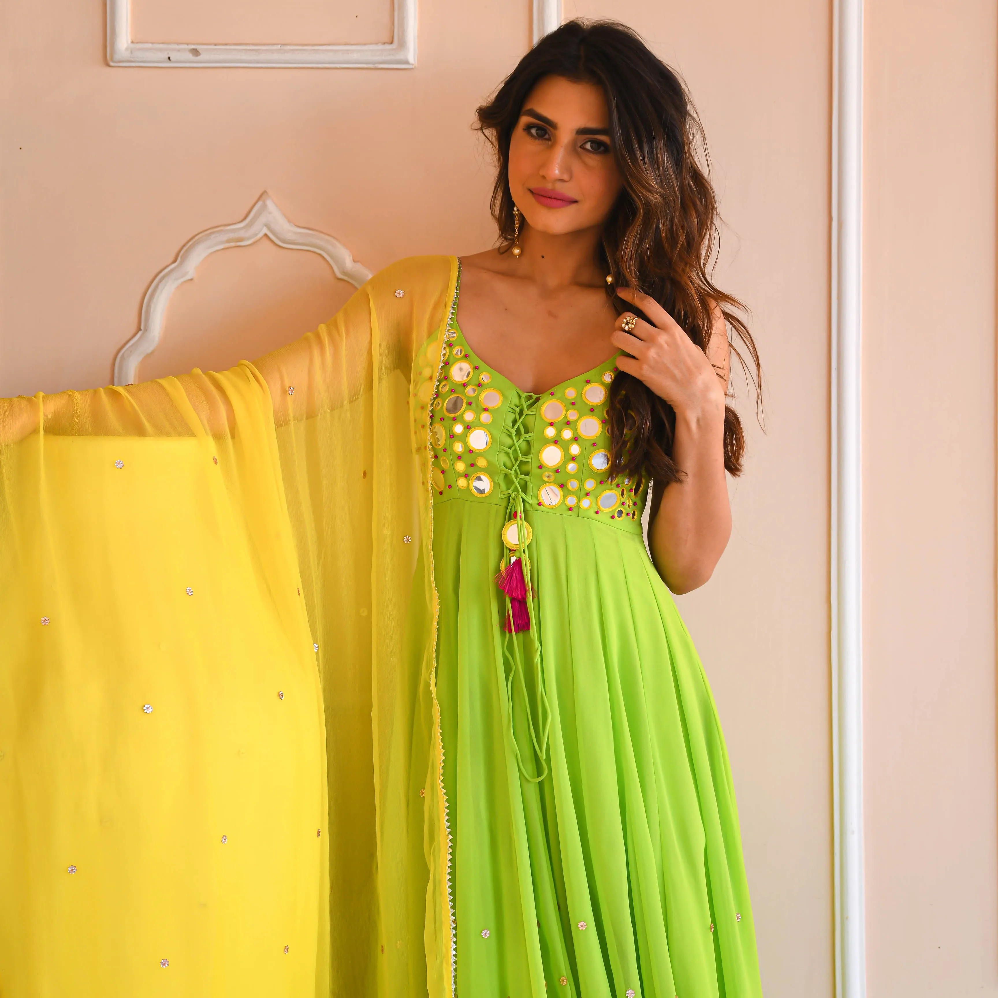 Bunaai Yellow Green Mirror Work Suit Set