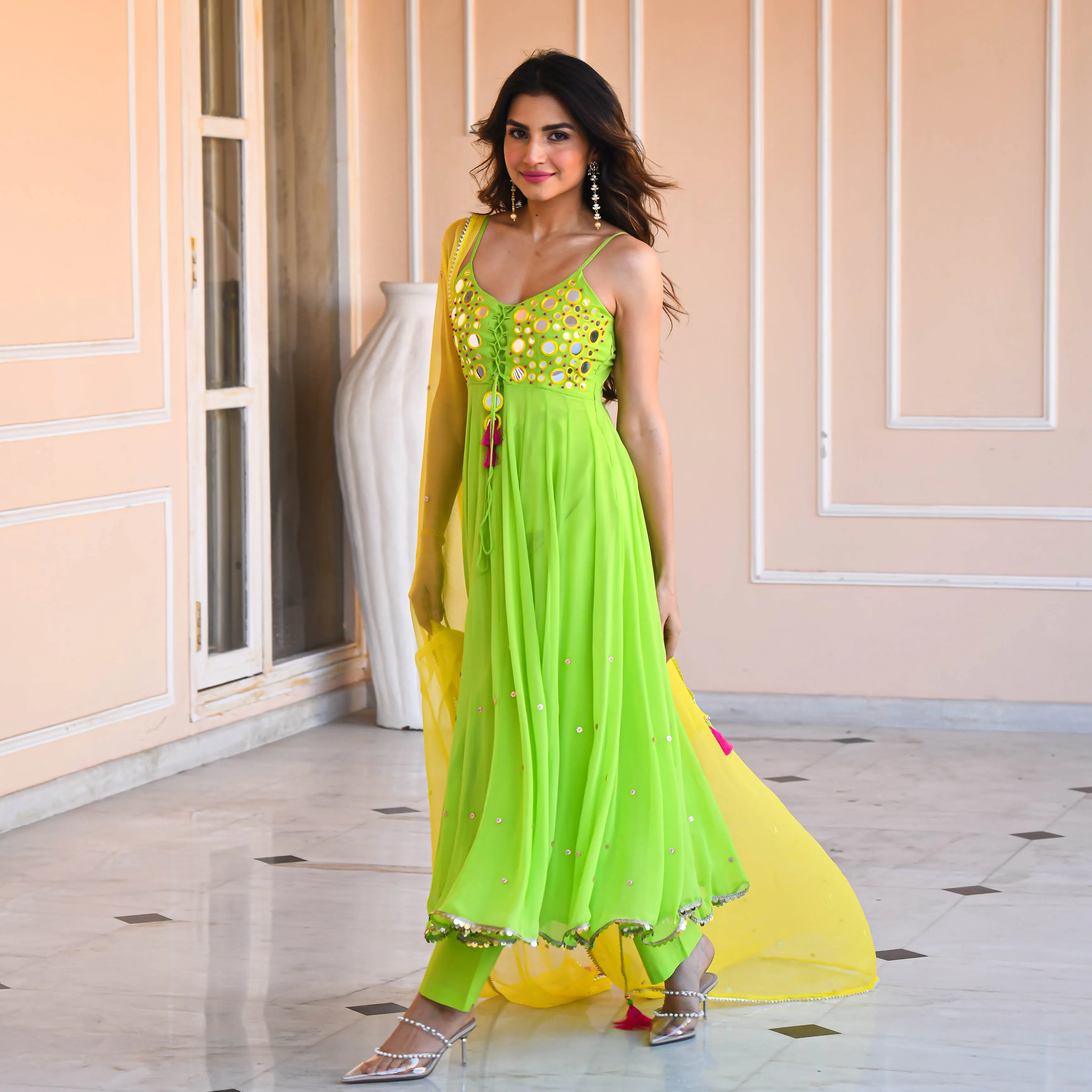 Bunaai Yellow Green Mirror Work Suit Set