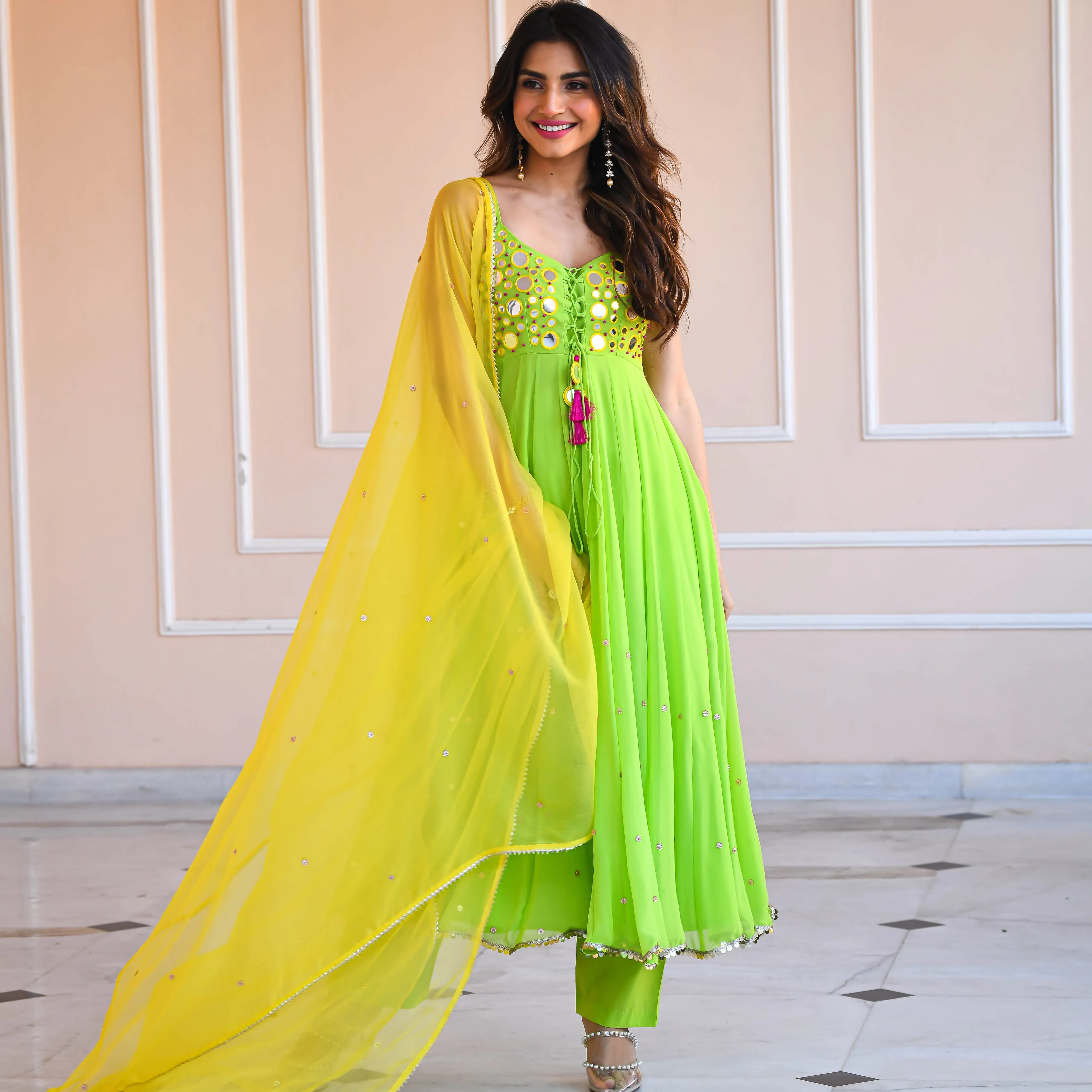 Bunaai Yellow Green Mirror Work Suit Set