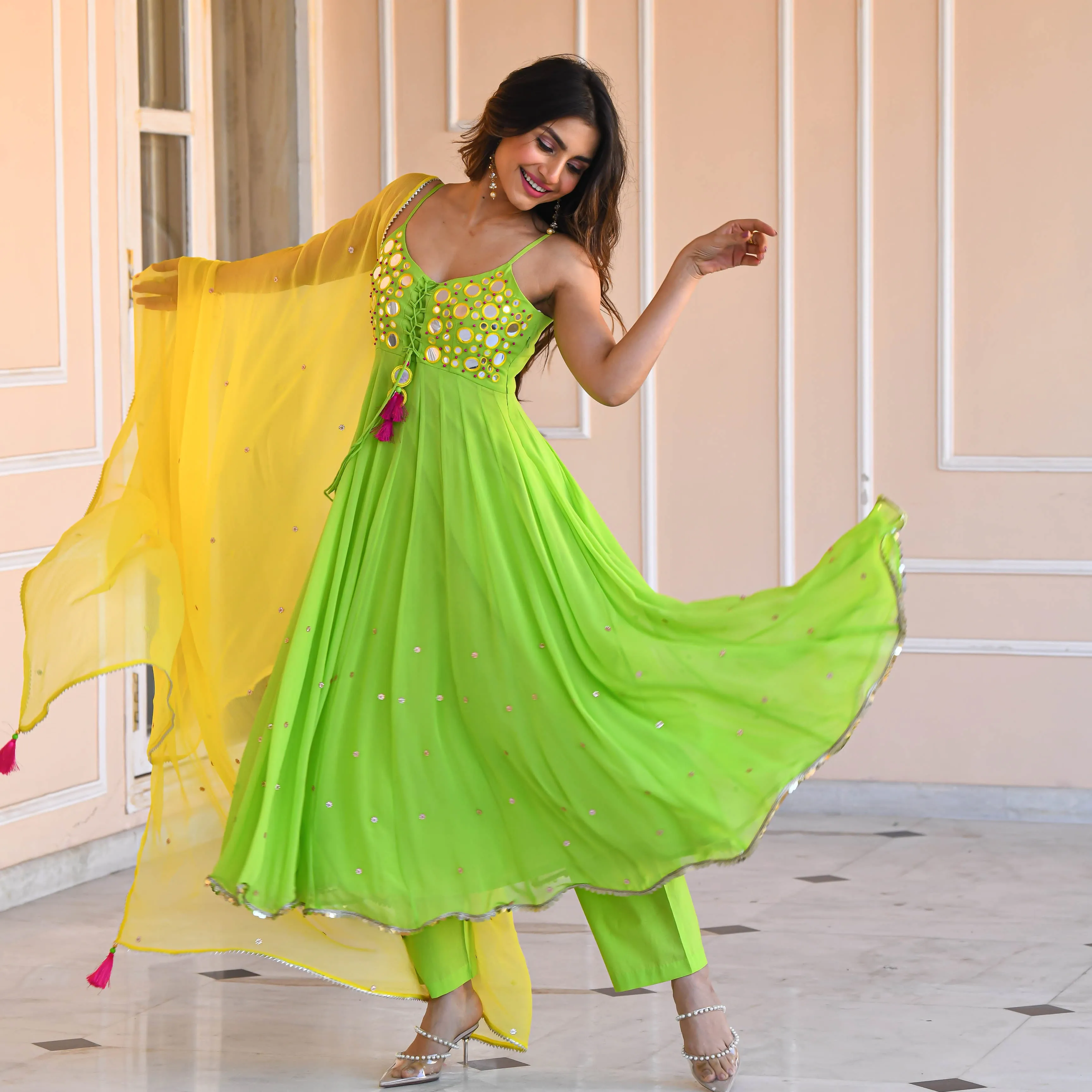 Bunaai Yellow Green Mirror Work Suit Set