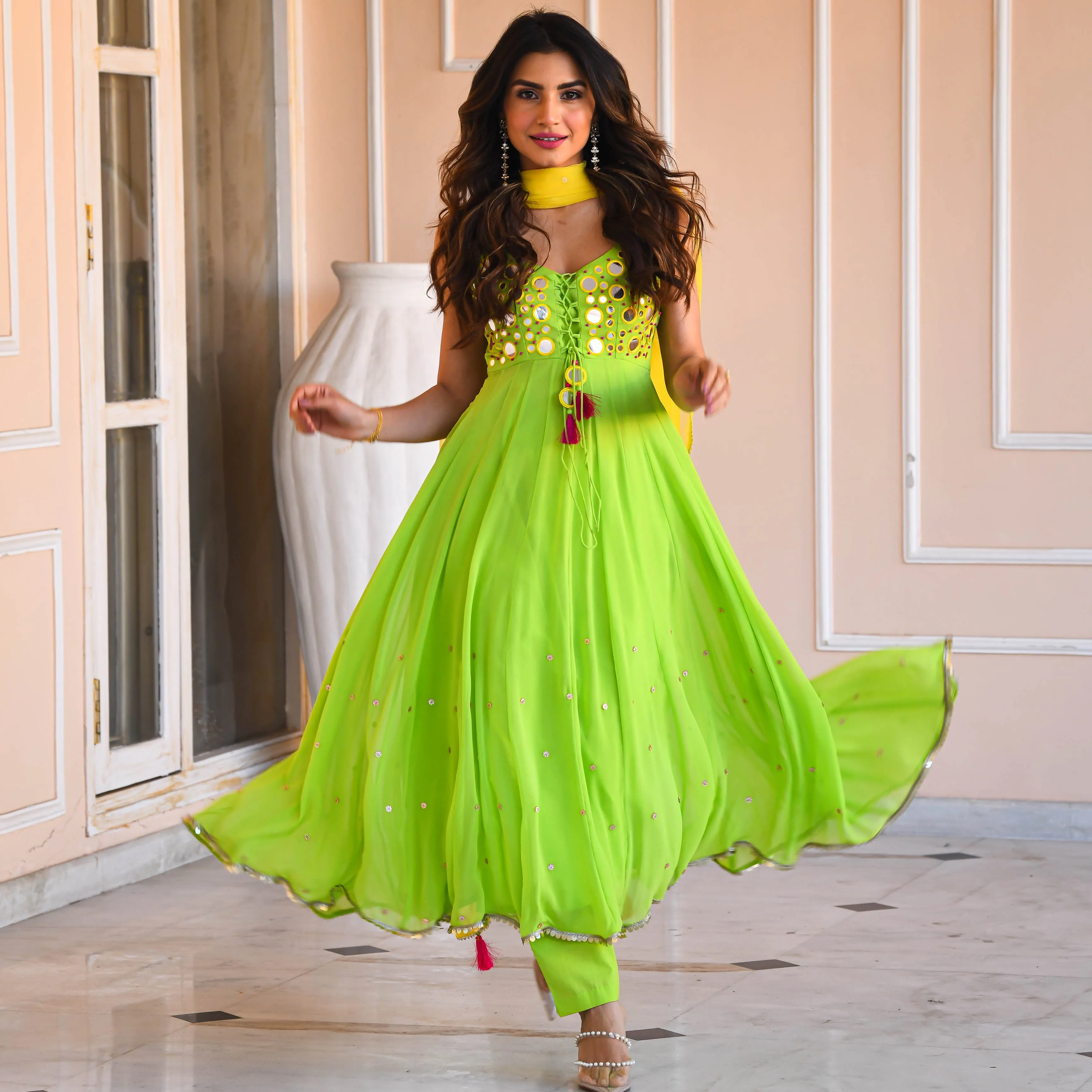 Bunaai Yellow Green Mirror Work Suit Set