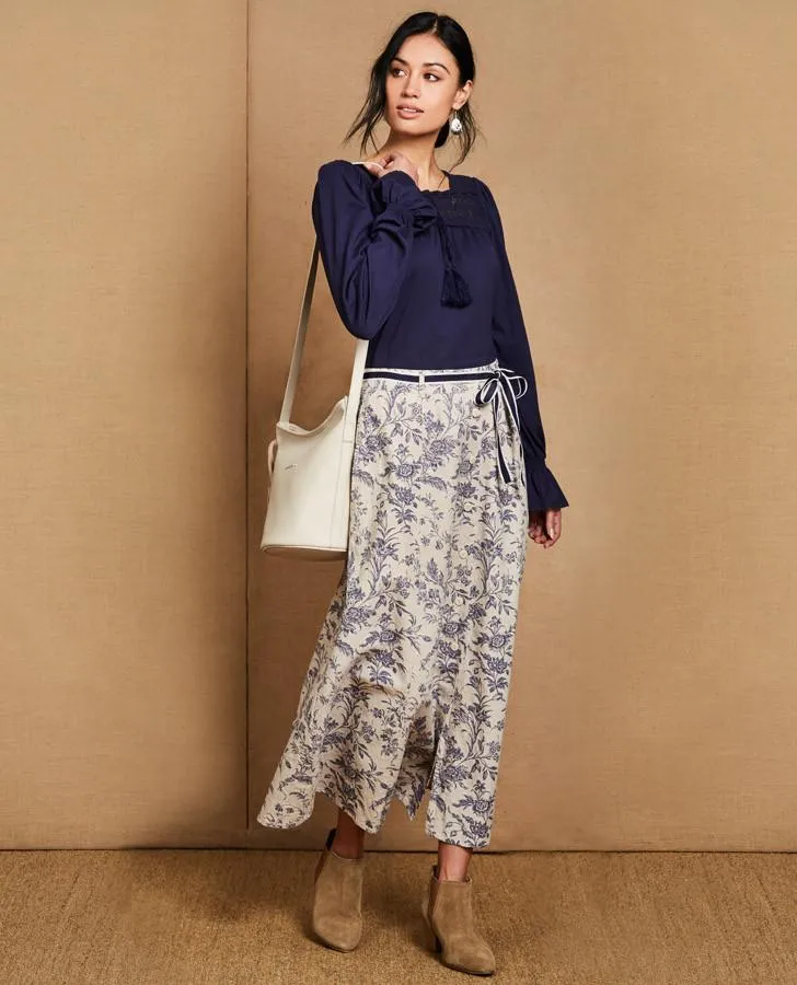 Button Front Floral Linen Skirt