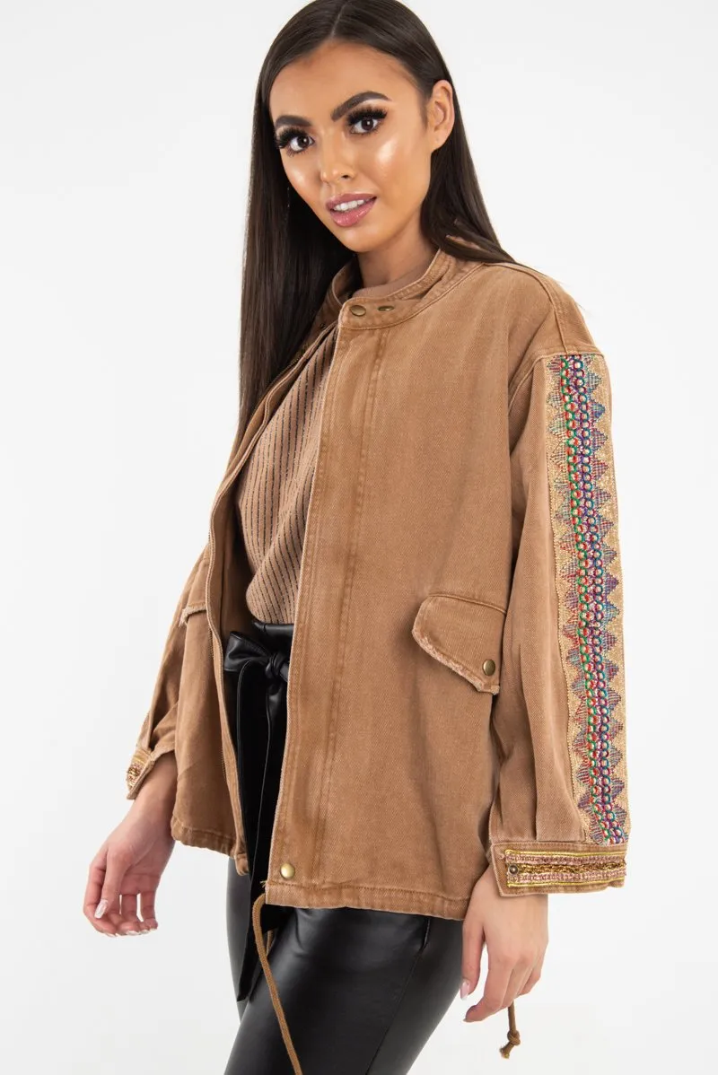 Camel Embroidered Sleeve Detail Denim Parka Jacket - Kaori