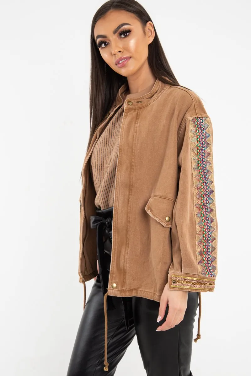 Camel Embroidered Sleeve Detail Denim Parka Jacket - Kaori