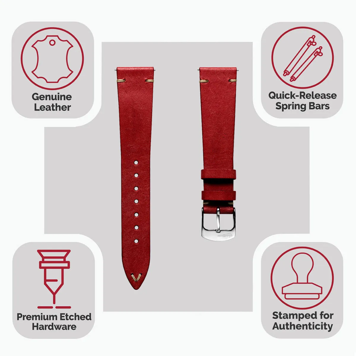 Charlbury V-Stitch Genuine Italian Leather Watch Strap - Bright Red