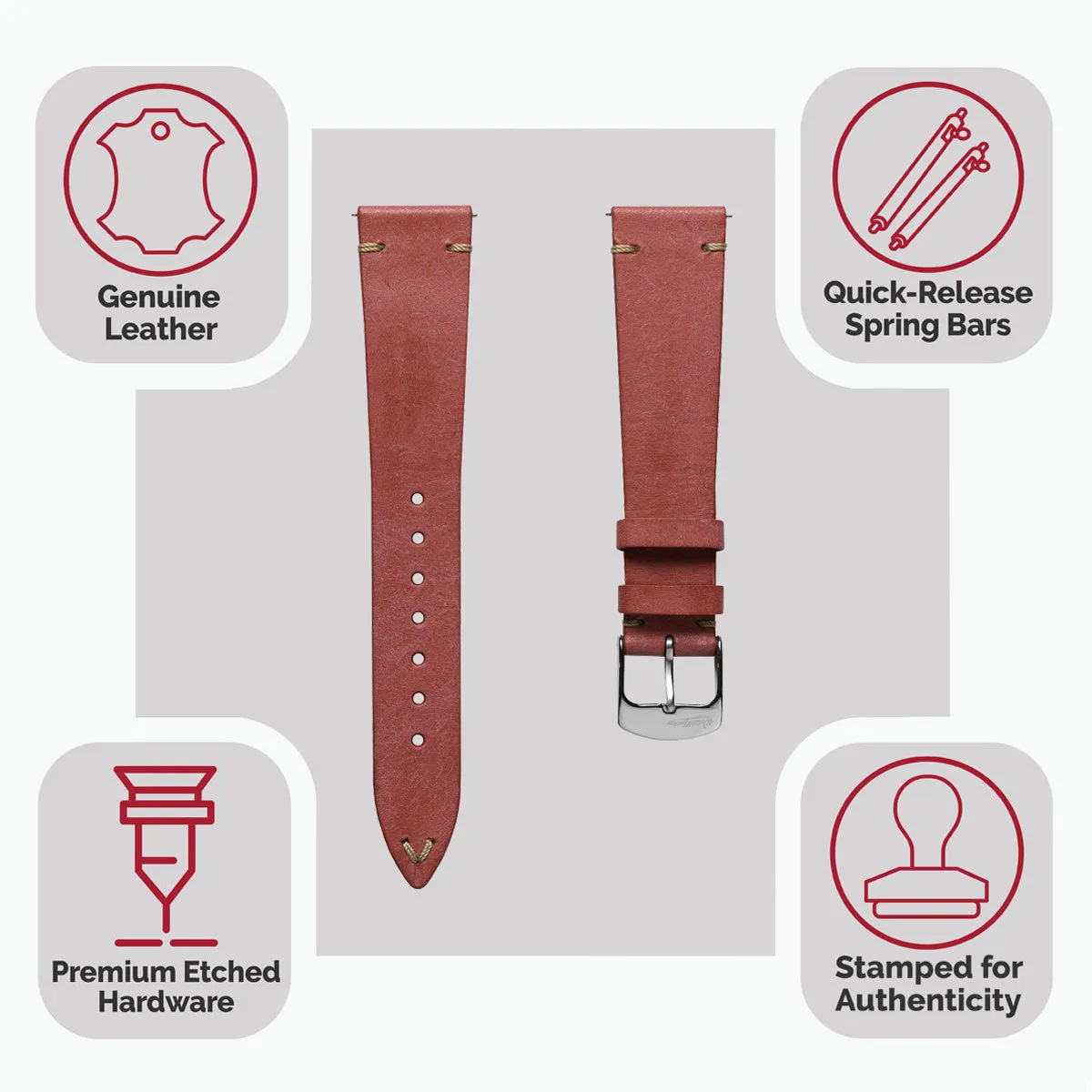 Charlbury V-Stitch Genuine Italian Leather Watch Strap - Salmon Red