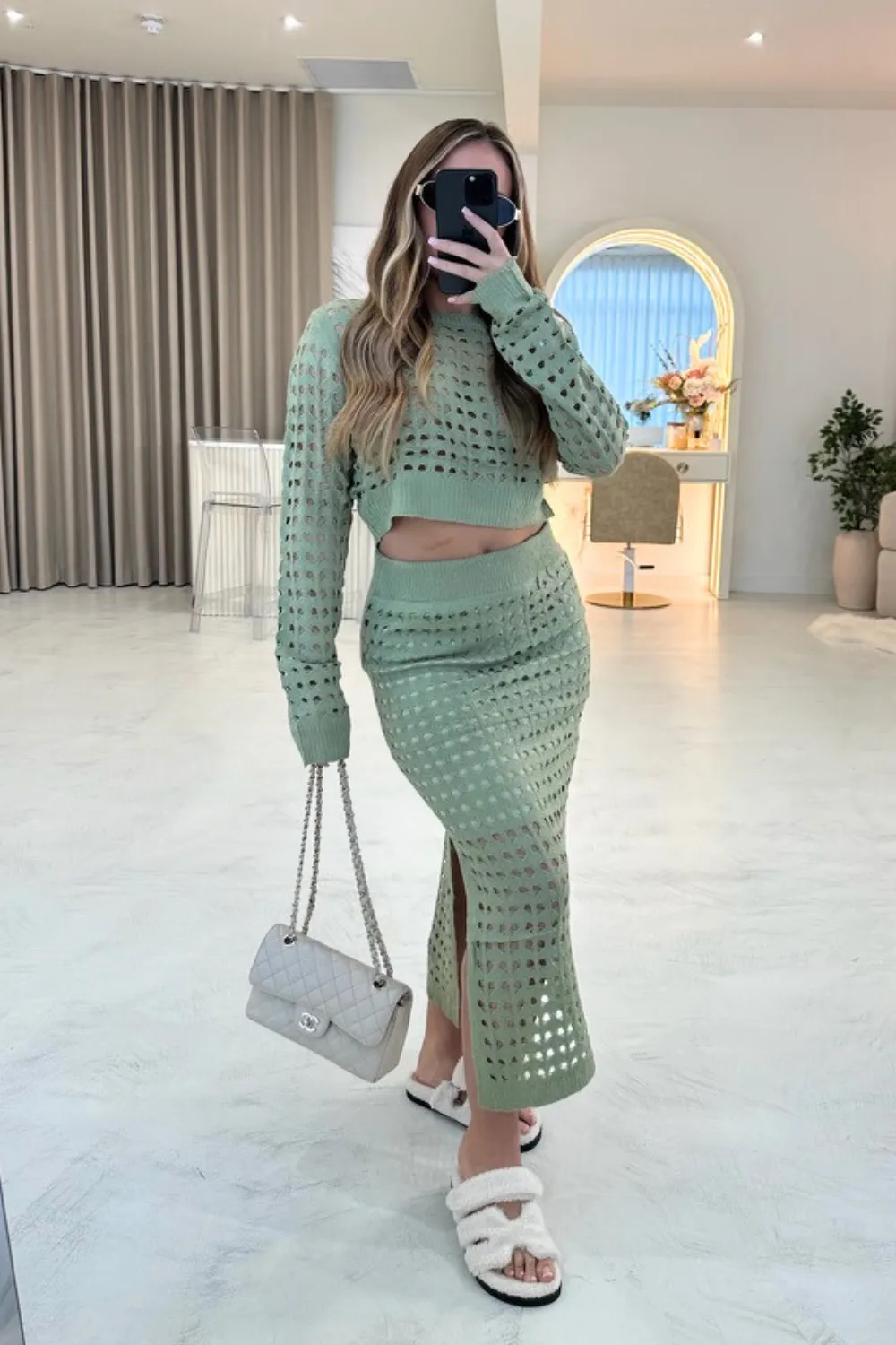 Charli green crochet knit maxi skirt co-ord