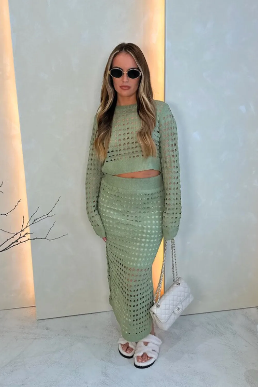 Charli green crochet knit maxi skirt co-ord