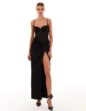 Chic satin maxi dress with semi-transparent bodice