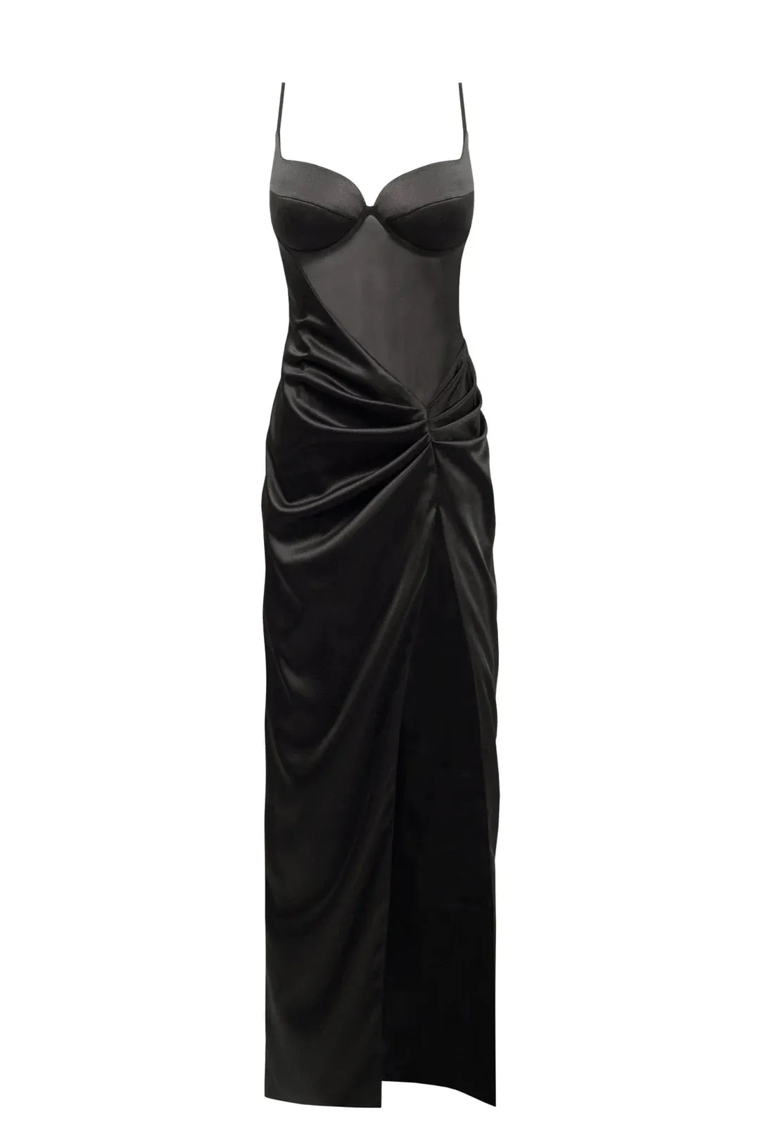 Chic satin maxi dress with semi-transparent bodice