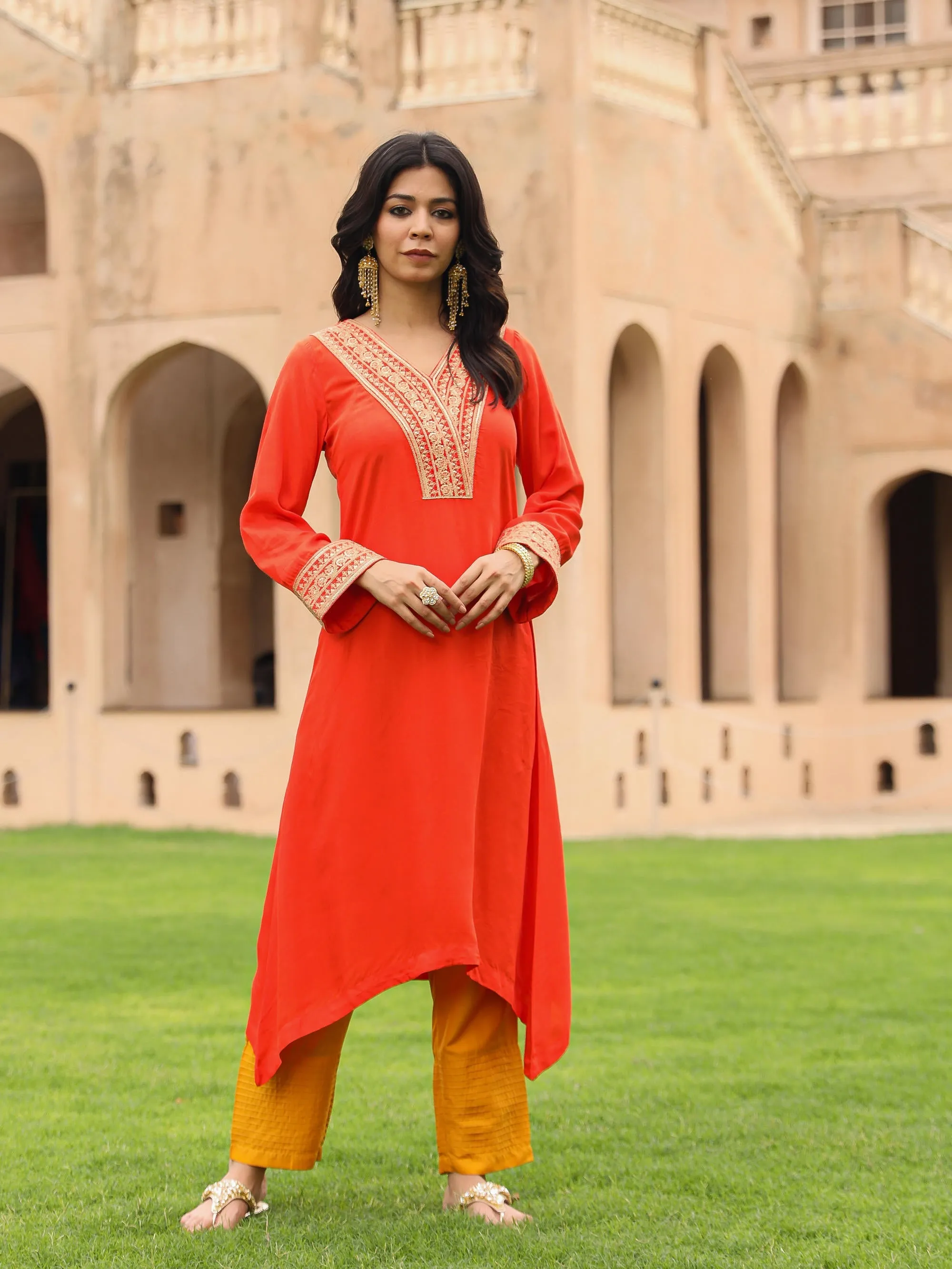 Coral Zari Embroidered Viscose Kurta & Pant Set With Sequins