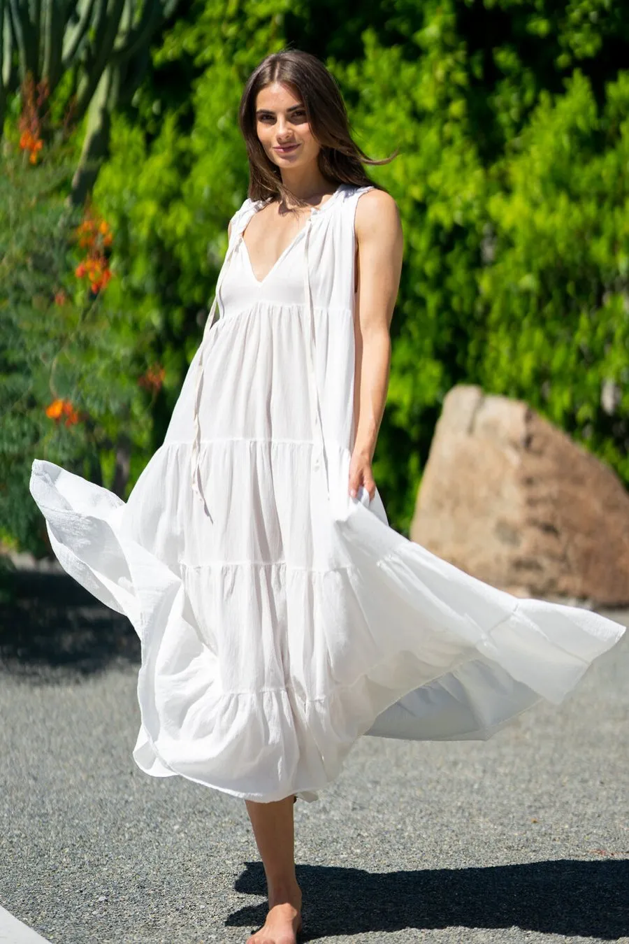 Cotton Sleeveless Tier Maxi, White