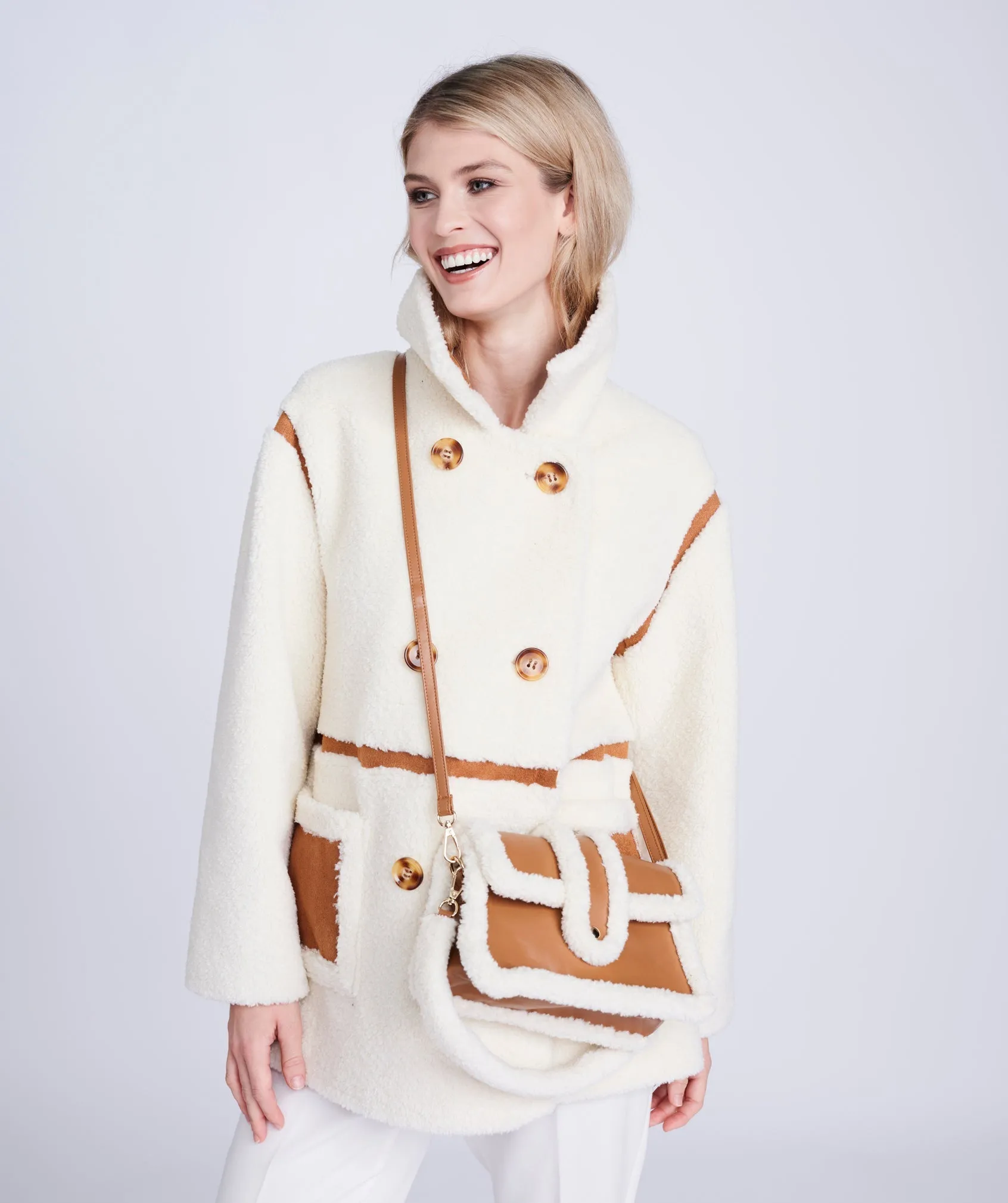 Cream/Tan Borg Coat with Faux Suede Details and Button Closure