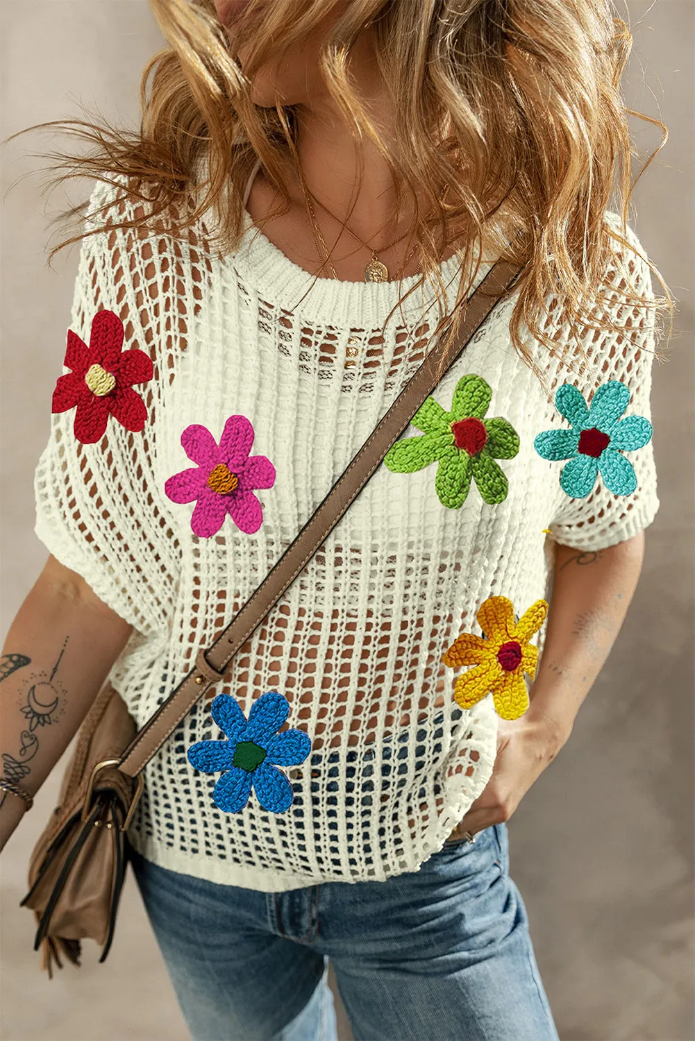 Crochet Flower Hollow-out Sweater T Shirt