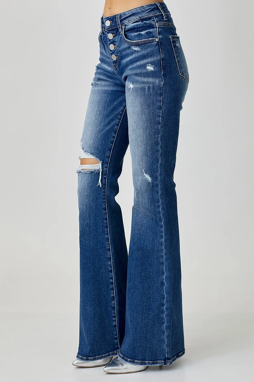 Distressed Button-Fly Flare Jeans