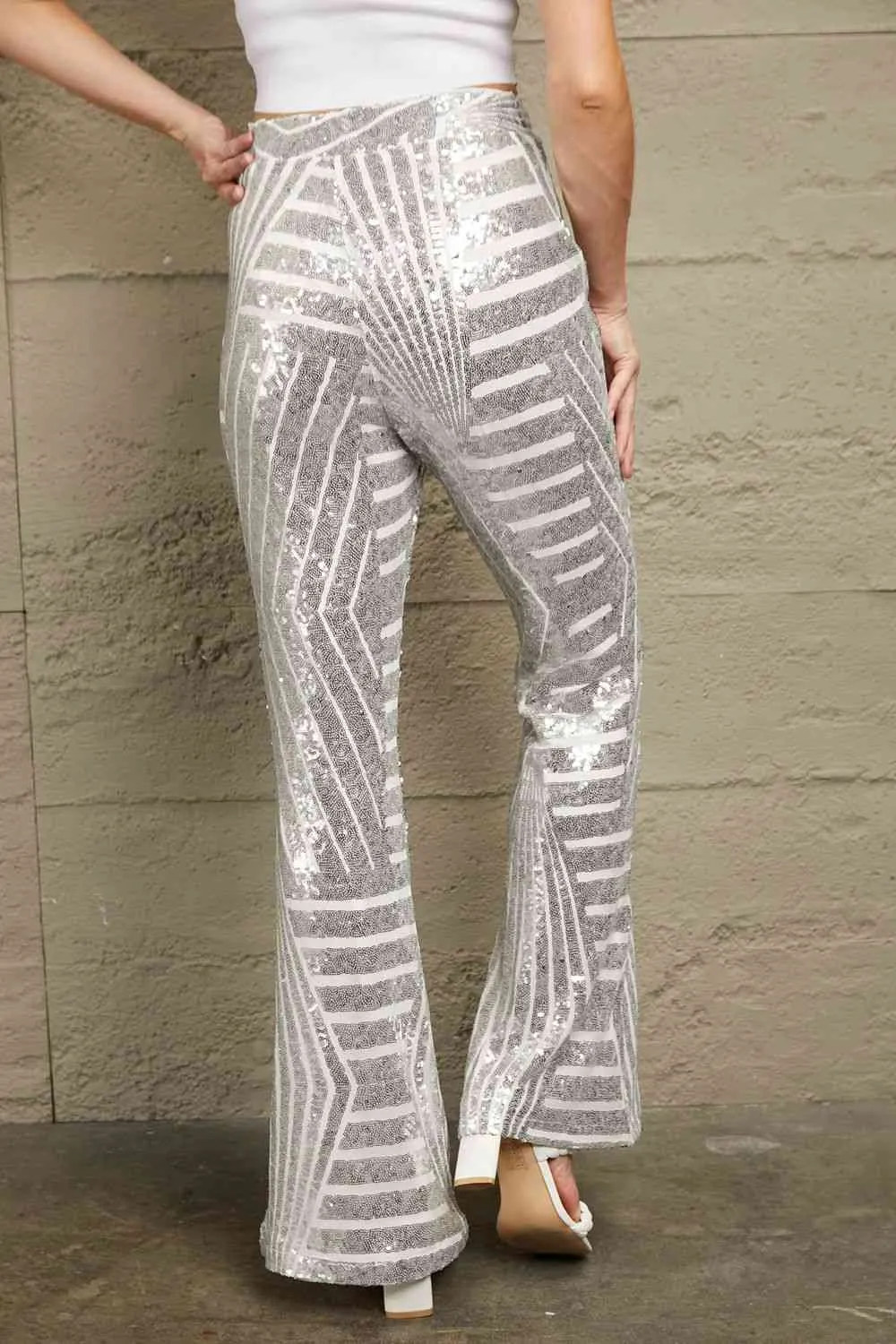 Double Take Sequin High Waist Flared Pants