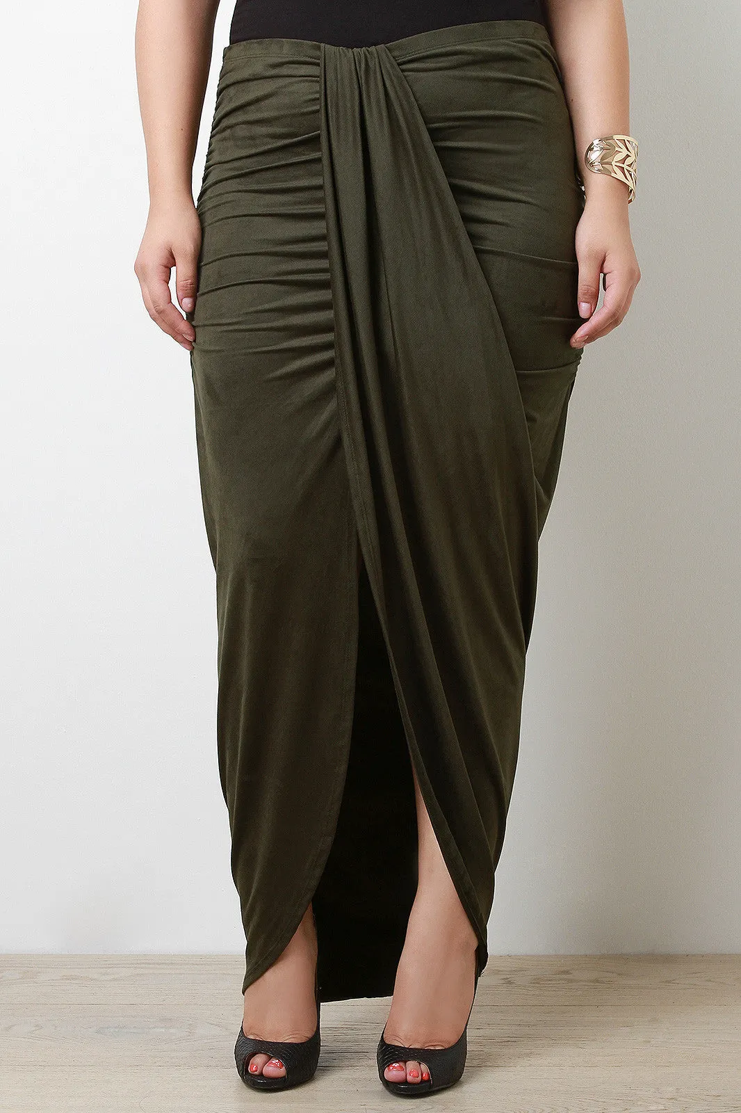 Draped Front Suede Maxi Skirt