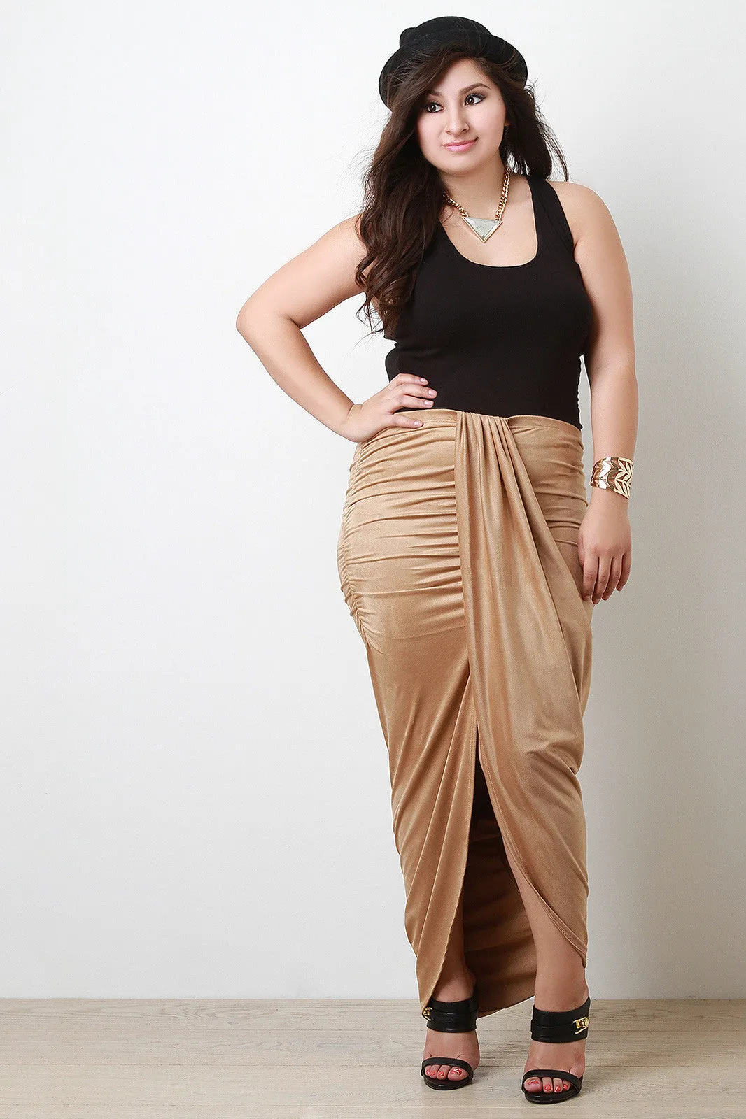 Draped Front Suede Maxi Skirt