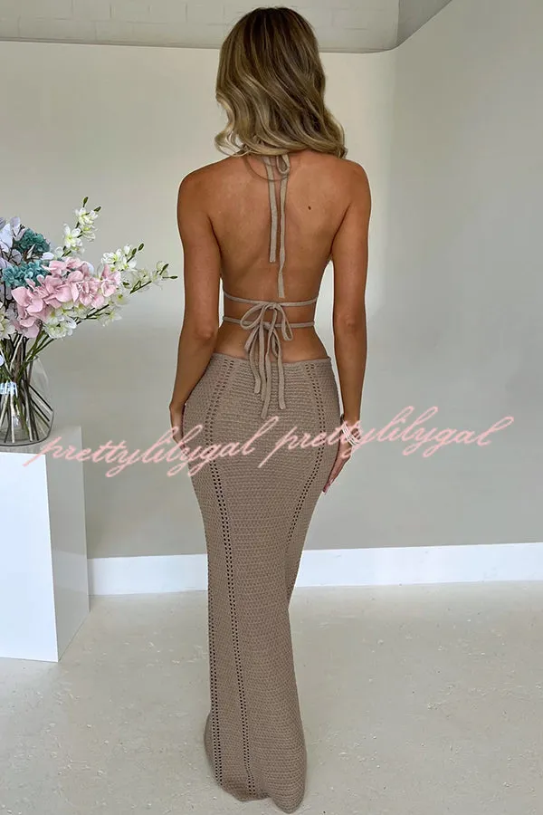 Effortlessly Cool and Sexy Knit Crochet Cutout Halter Tie-up Stretch Maxi Dress