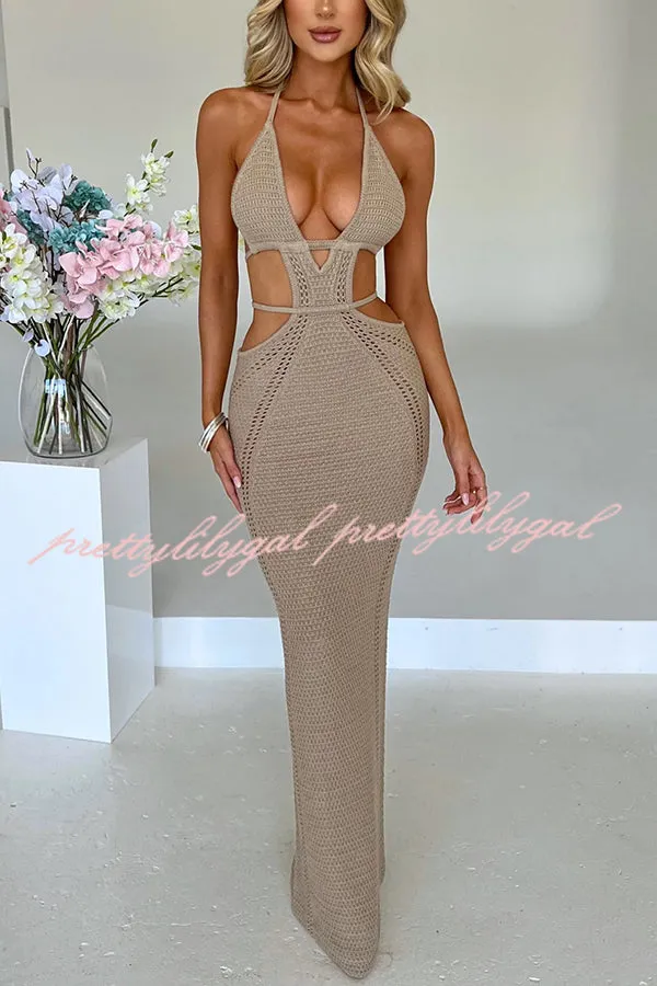 Effortlessly Cool and Sexy Knit Crochet Cutout Halter Tie-up Stretch Maxi Dress