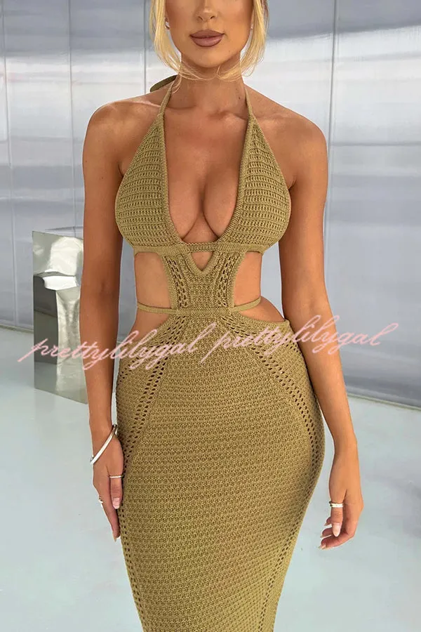 Effortlessly Cool and Sexy Knit Crochet Cutout Halter Tie-up Stretch Maxi Dress