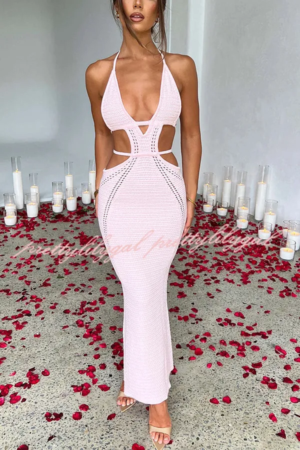 Effortlessly Cool and Sexy Knit Crochet Cutout Halter Tie-up Stretch Maxi Dress