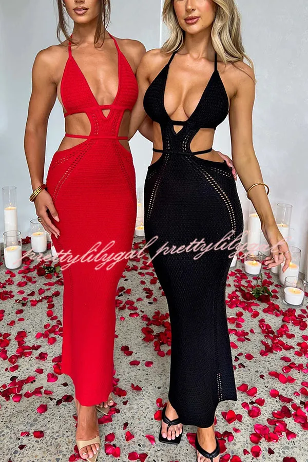 Effortlessly Cool and Sexy Knit Crochet Cutout Halter Tie-up Stretch Maxi Dress