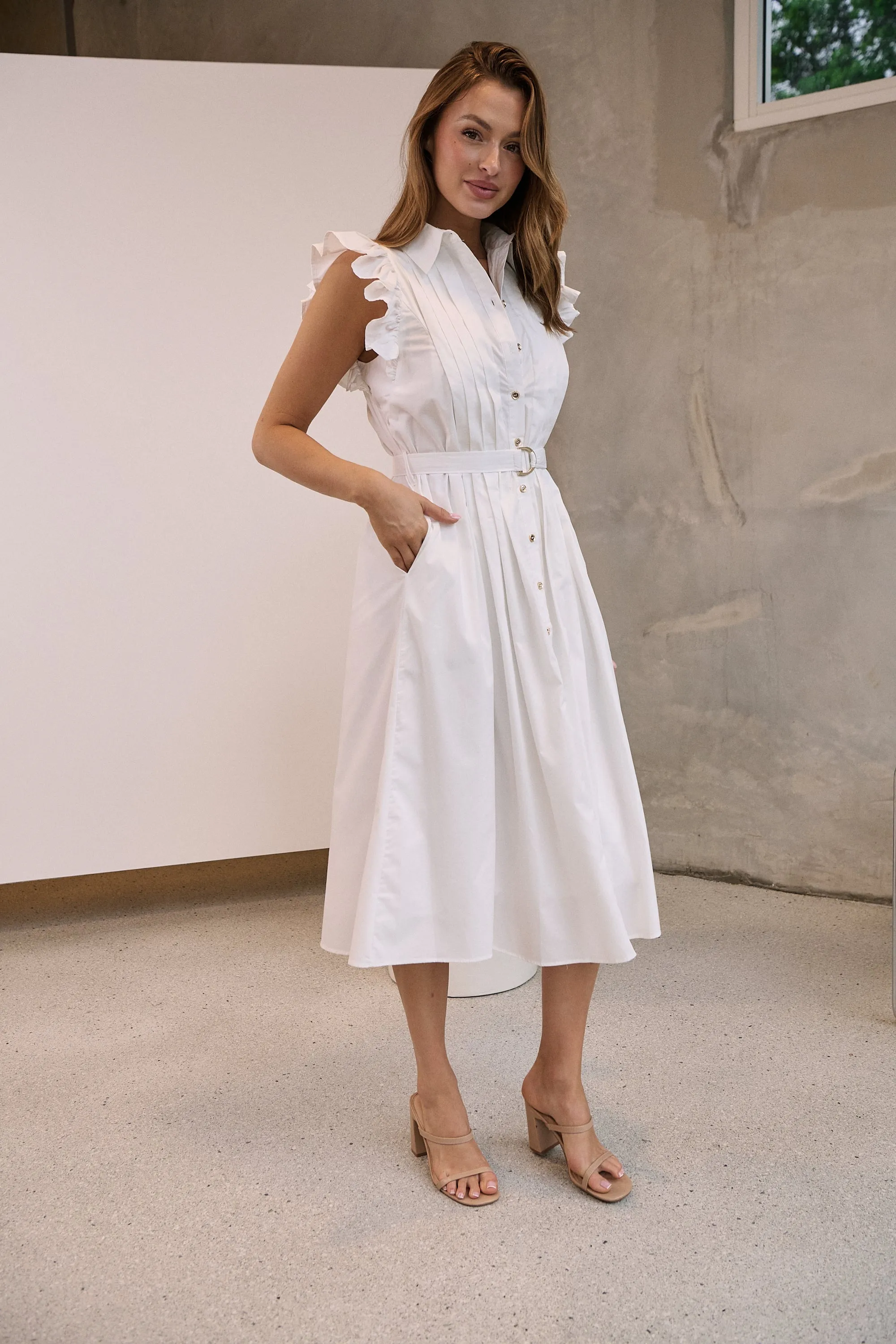 Estelle White Collared Frill Sleeve Pleated Midi Dress