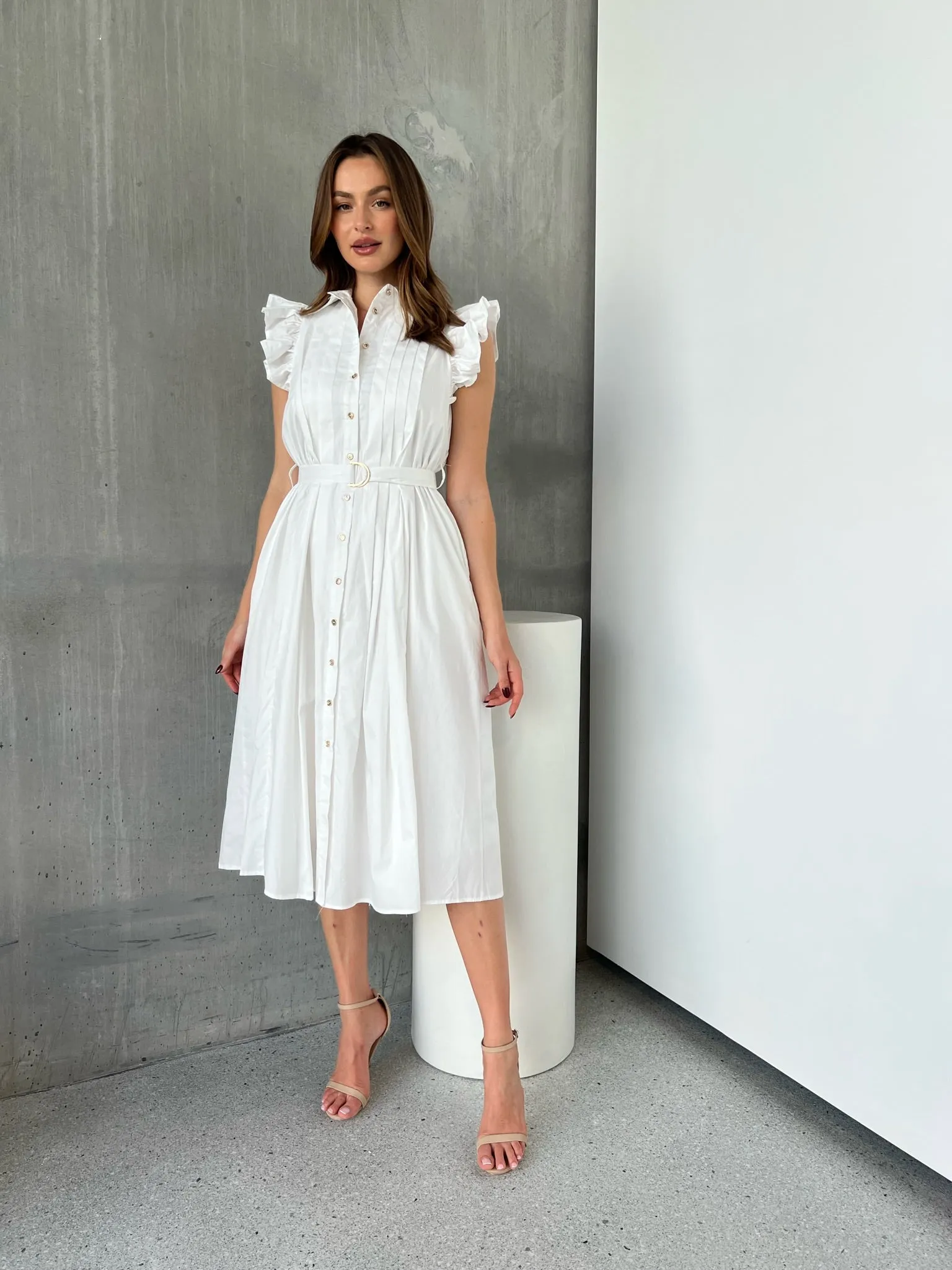 Estelle White Collared Frill Sleeve Pleated Midi Dress