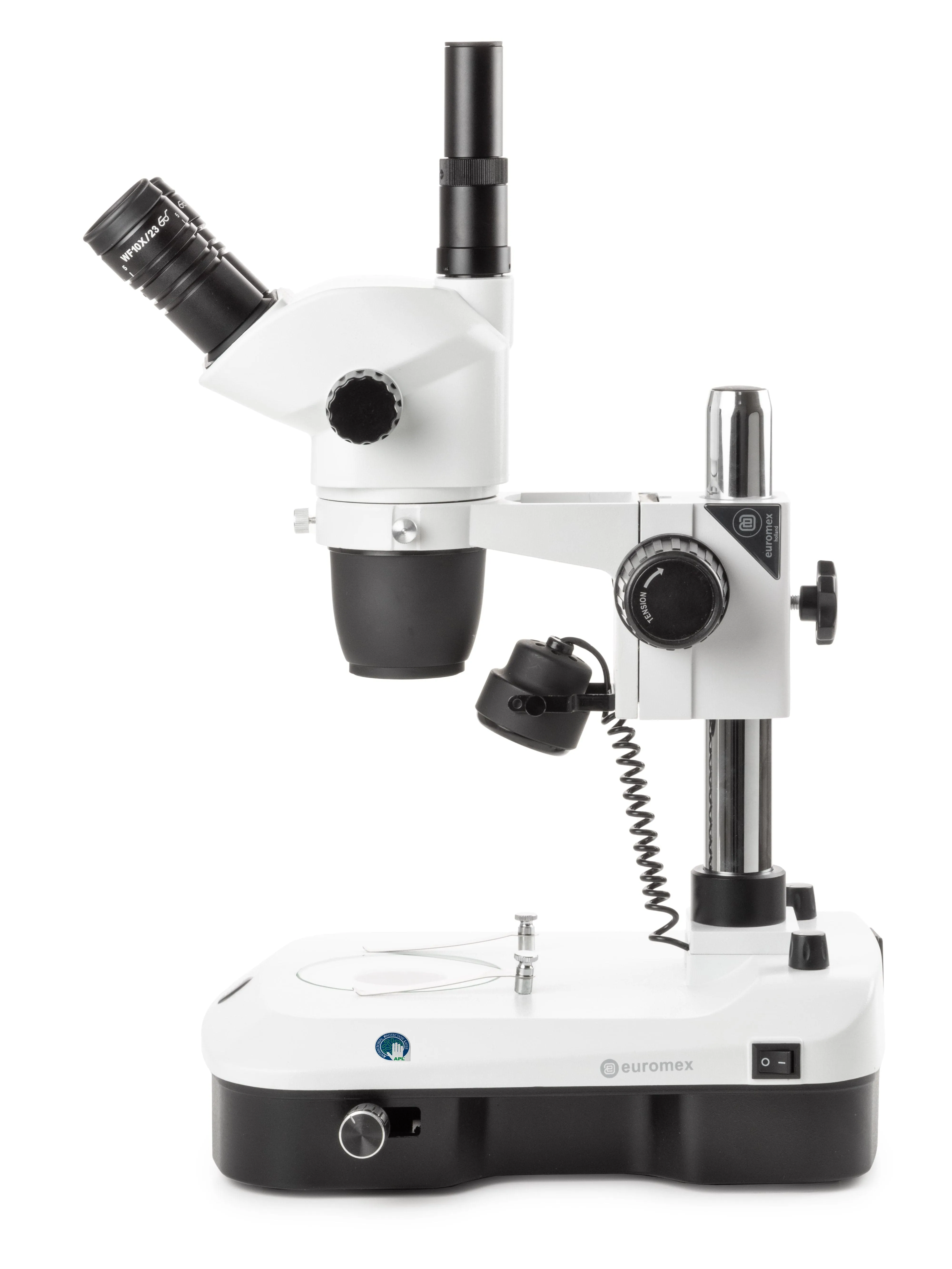 Euromex NexiusZoom Series High-Precision Zoom EVO Trinocular Stereo Microscope 6.5X-55X Magnification on Pillar Stand w/3W LED Incident & Transmitted Illumination with Rotating Mirror for Embryo