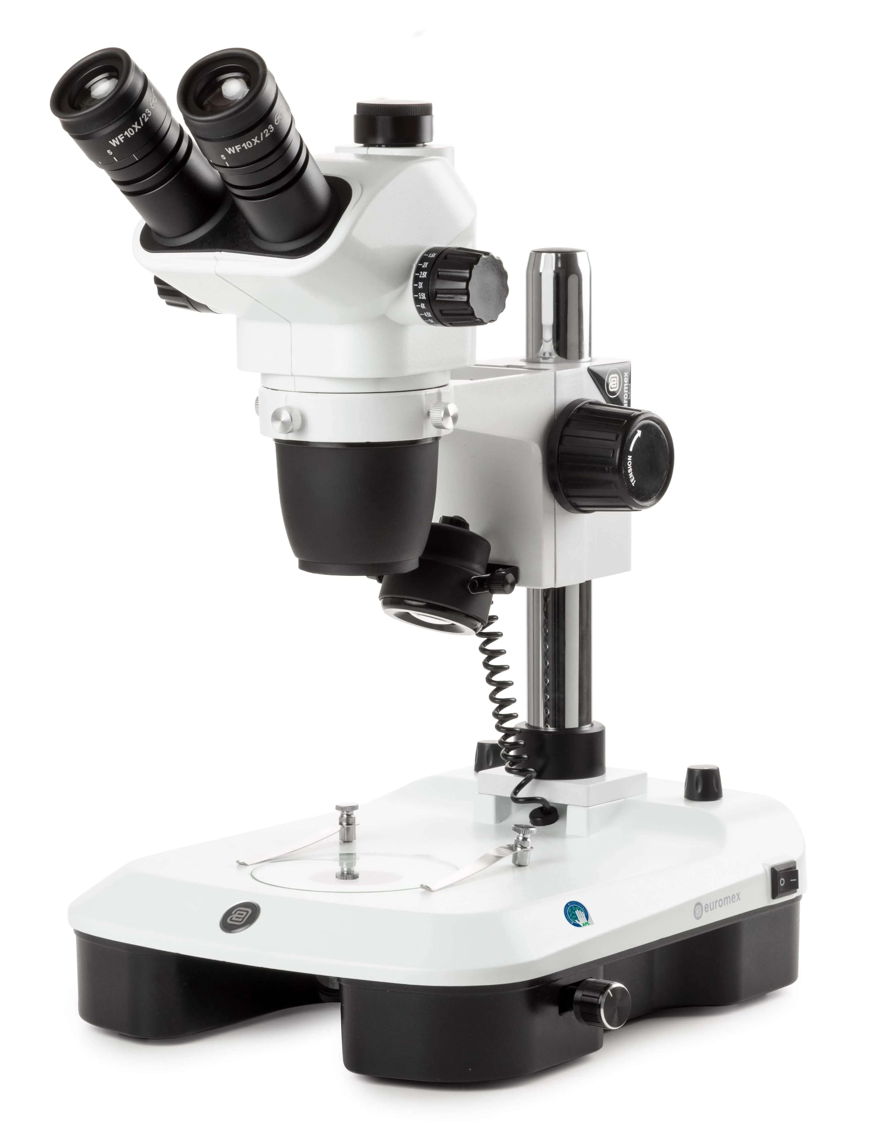 Euromex NexiusZoom Series High-Precision Zoom EVO Trinocular Stereo Microscope 6.5X-55X Magnification on Pillar Stand w/3W LED Incident & Transmitted Illumination with Rotating Mirror for Embryo