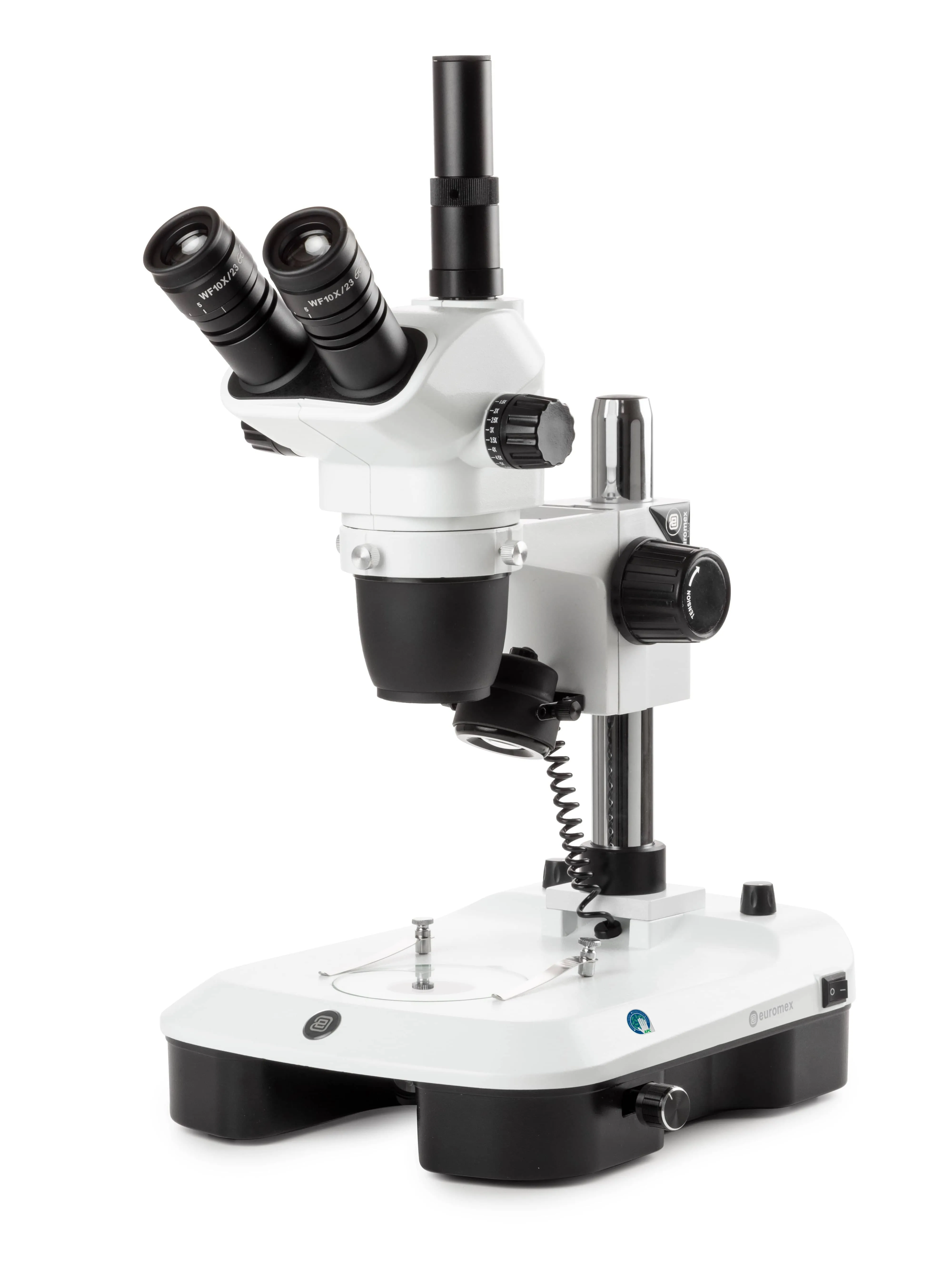 Euromex NexiusZoom Series High-Precision Zoom EVO Trinocular Stereo Microscope 6.5X-55X Magnification on Pillar Stand w/3W LED Incident & Transmitted Illumination with Rotating Mirror for Embryo