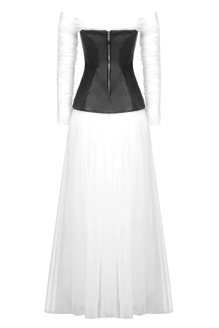 Fairy Off Shoulder Black and White Faux Leather Tulle Evening Maxi Dress - White