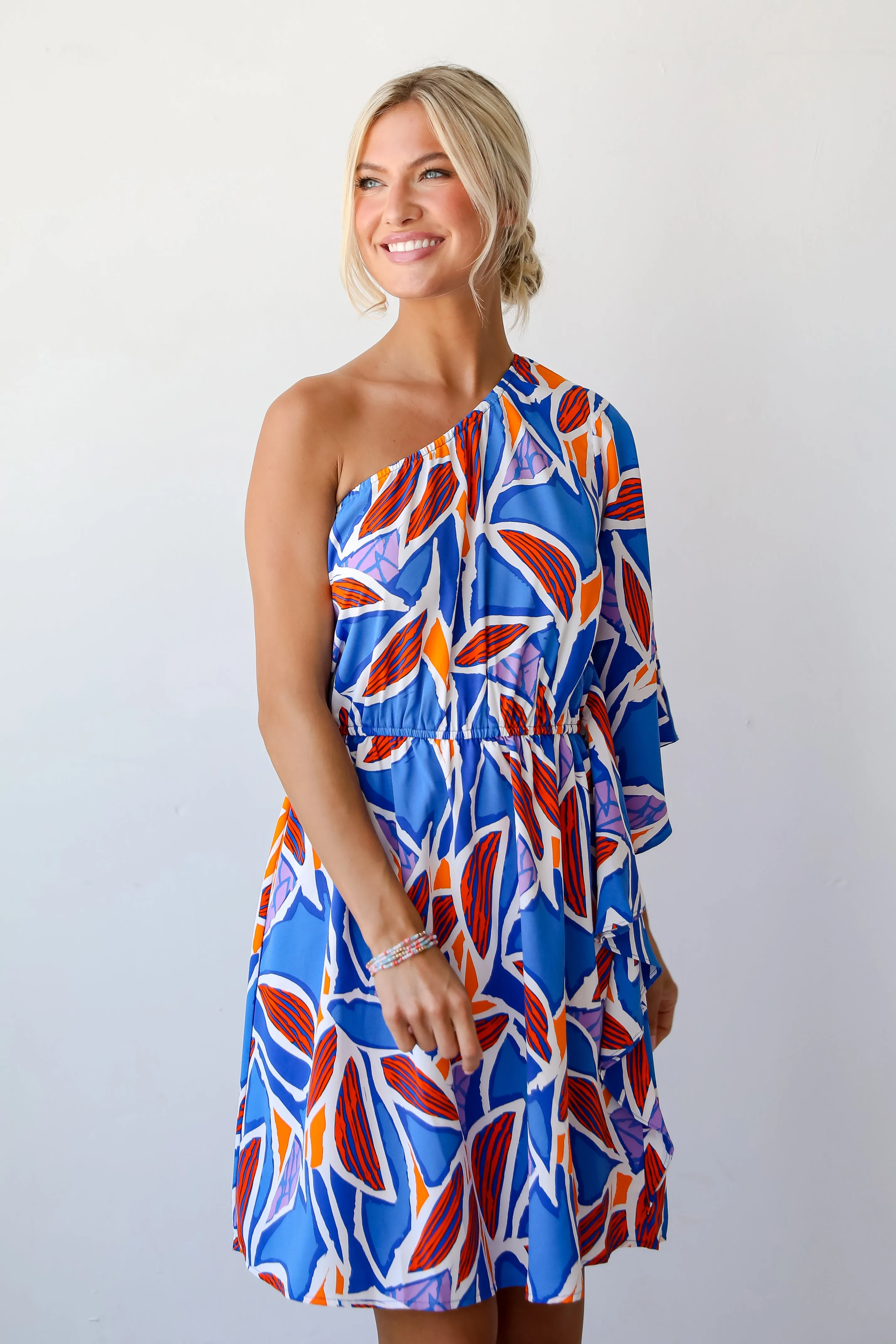 FINAL SALE - Celebratory Beauty Blue One-Shoulder Mini Dress