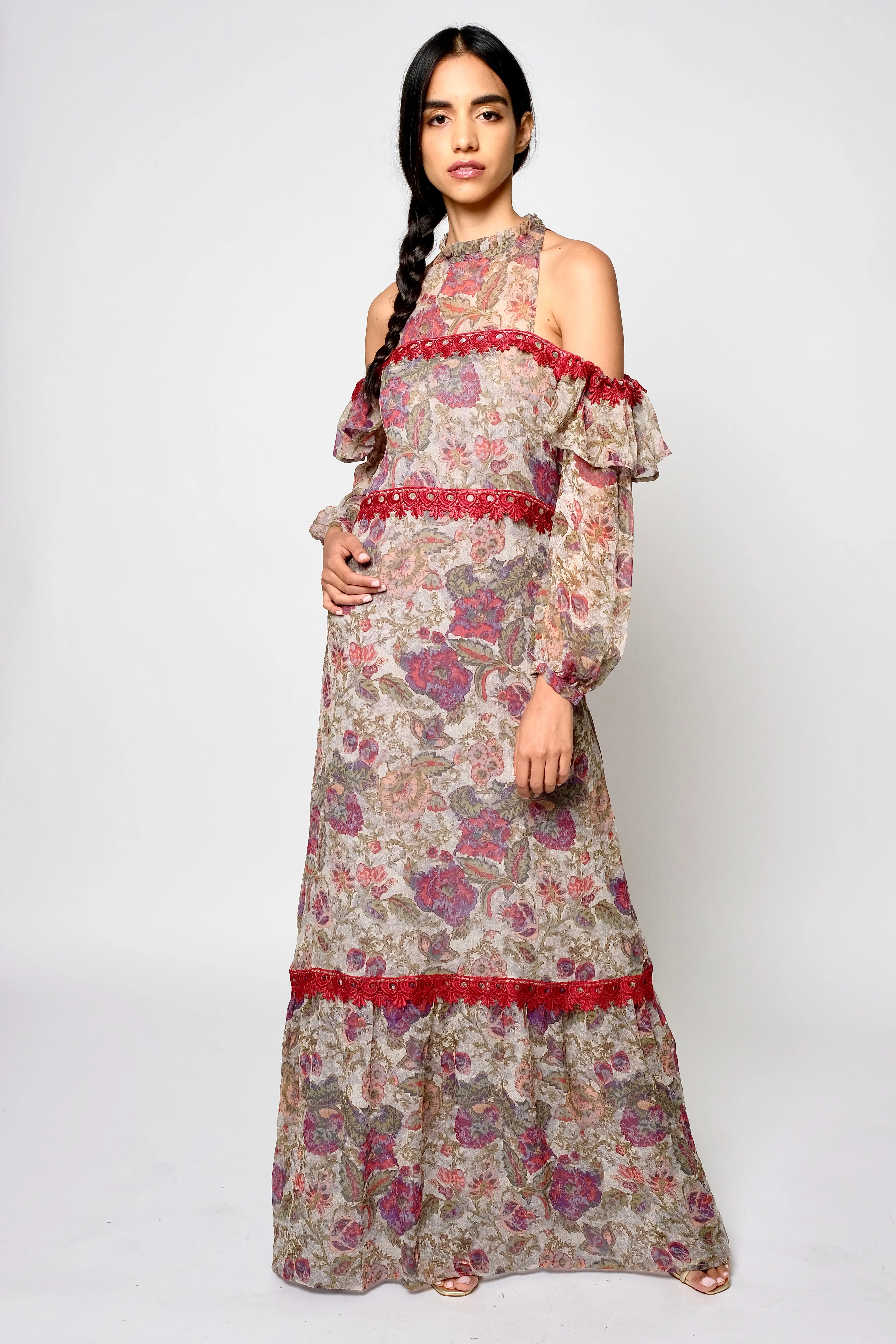 Floral print cold shoulder ruffle & lace trim maxi dress