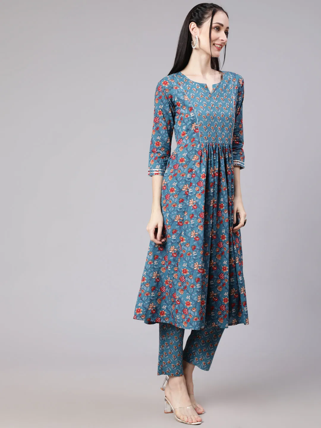 Floral Printed Empire Pure Cotton Kurta With Trousers & Dupatta - The Nks Plus