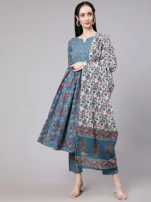 Floral Printed Empire Pure Cotton Kurta With Trousers & Dupatta - The Nks Plus