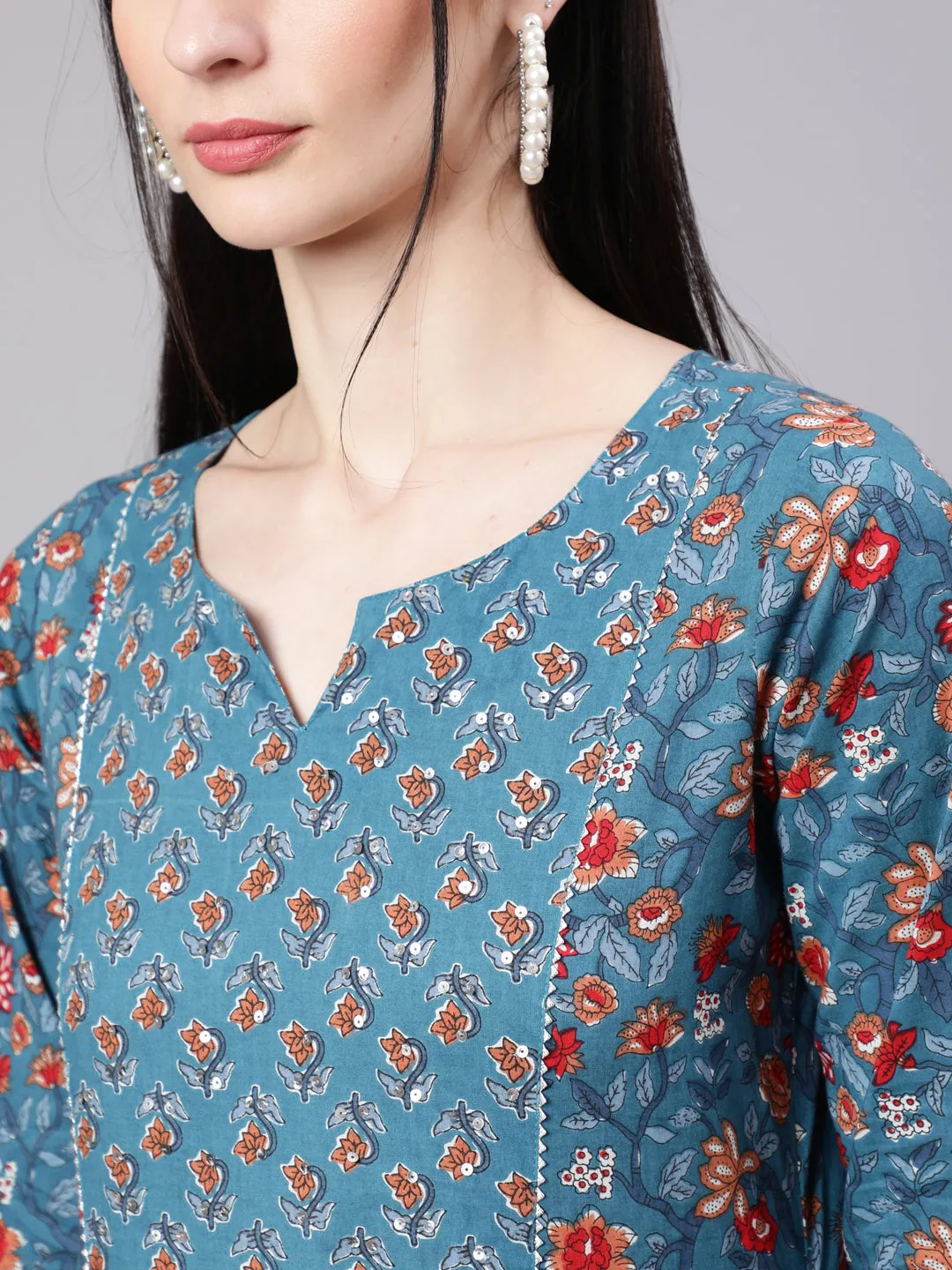 Floral Printed Empire Pure Cotton Kurta With Trousers & Dupatta - The Nks Plus