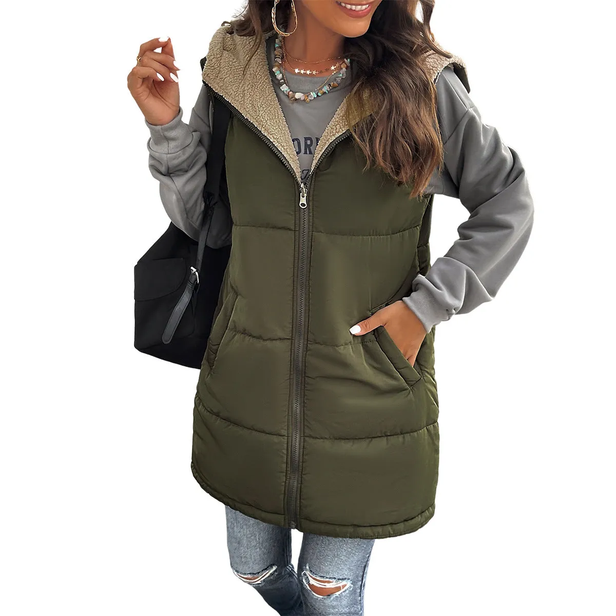 Flytonn-Fall Outfits Women Outwear Streetwear -women's outerwear women's coat Women's Loose Medium-Length Hooded Cotton Vest