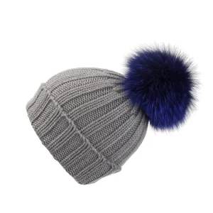 Fold-Over Grey Cashmere Hat with Electric Blue Pom-Pom