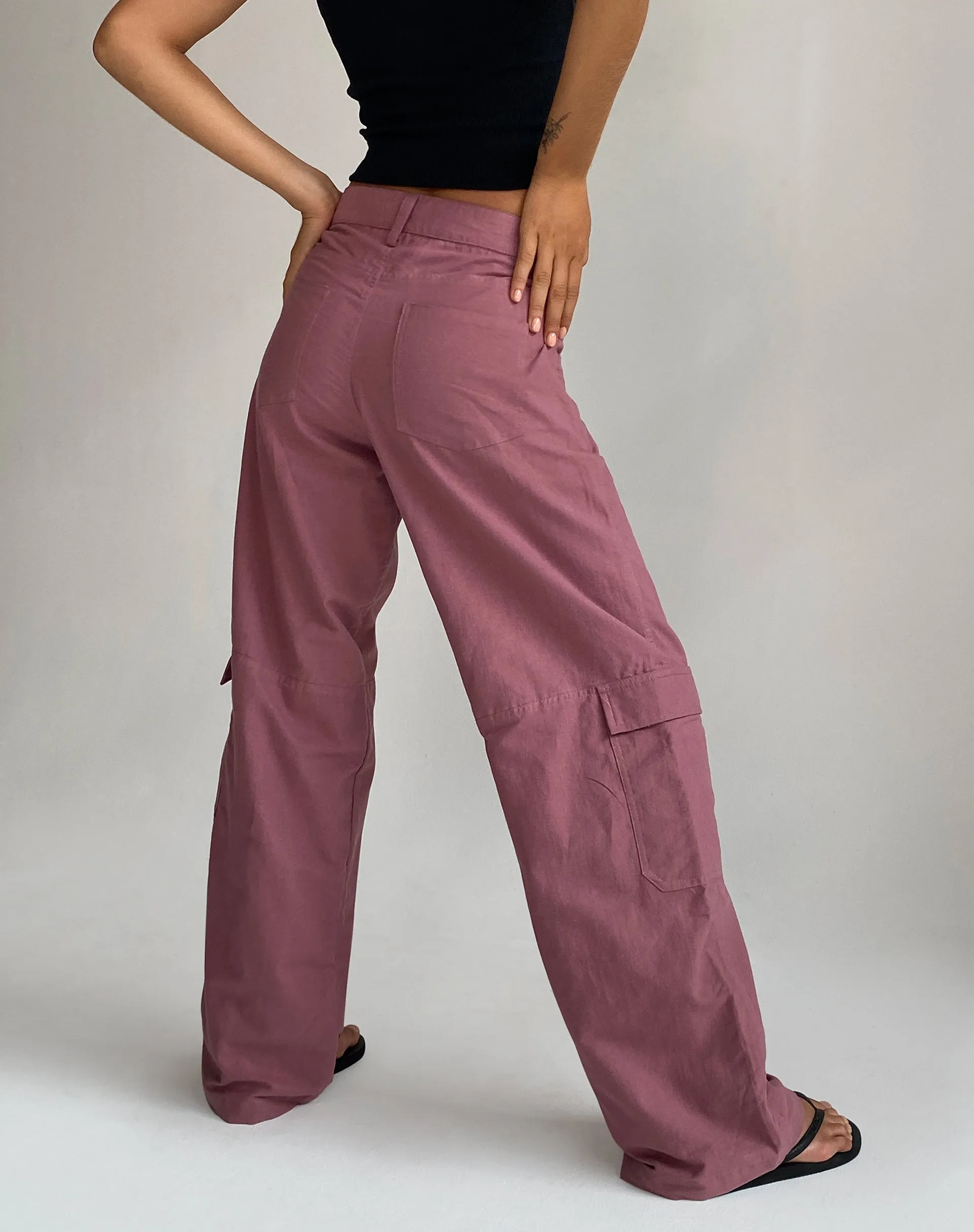 Gemma Low Rise Cargo Trouser in Mauve Linen