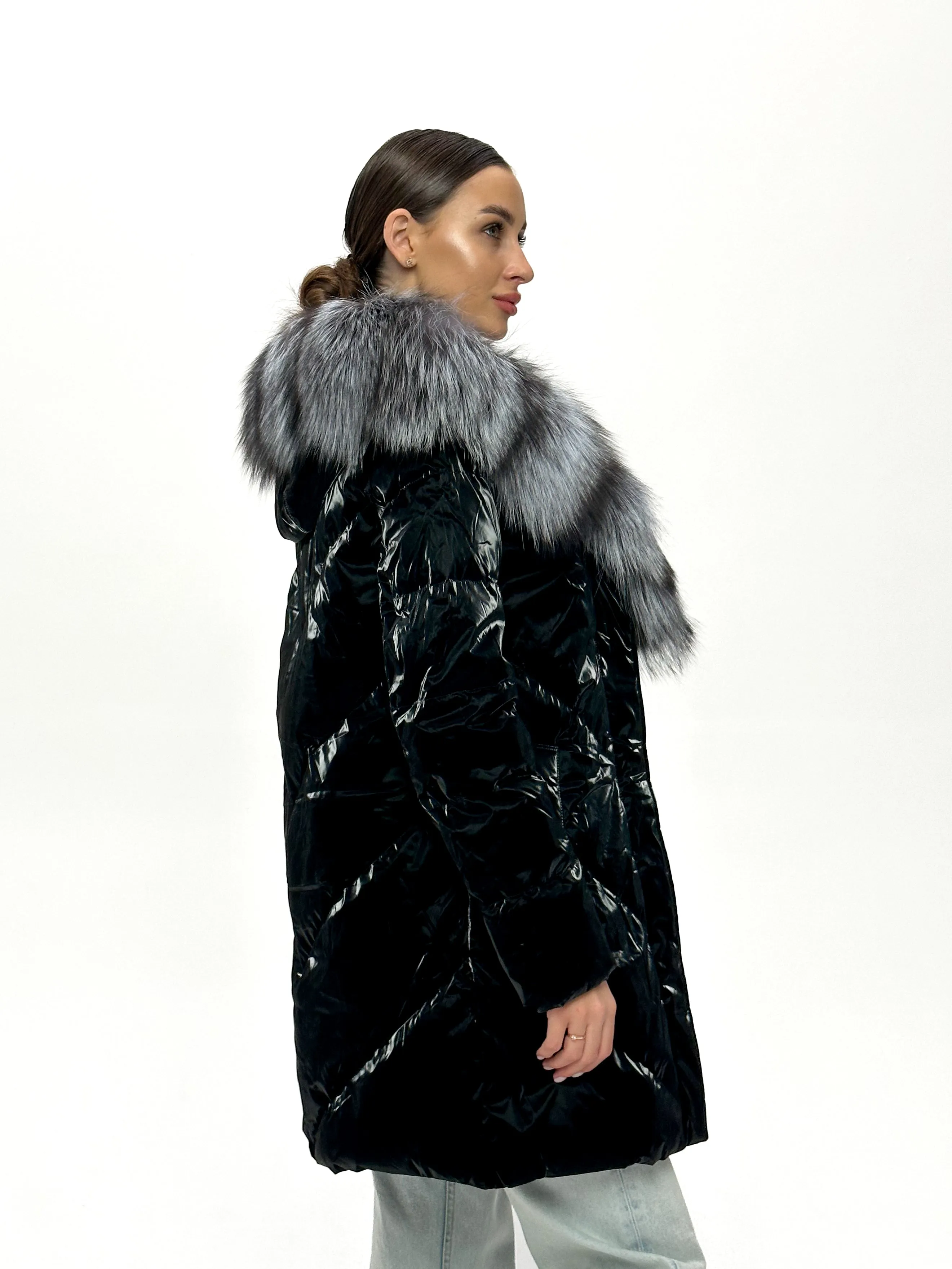 Genuine Silver Fox Fur Down Fill Coat