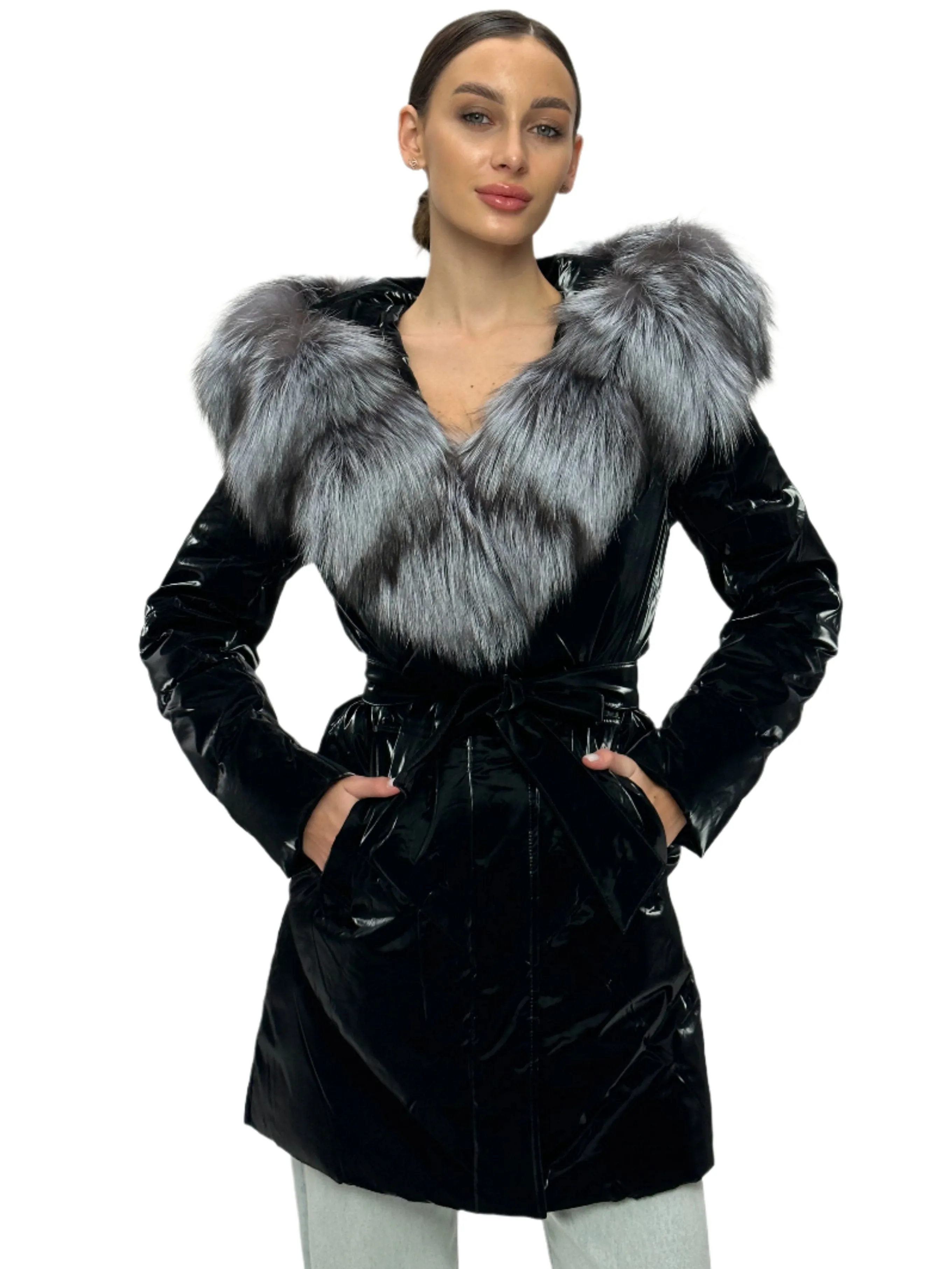 Genuine Silver Fox Fur Down Fill Coat