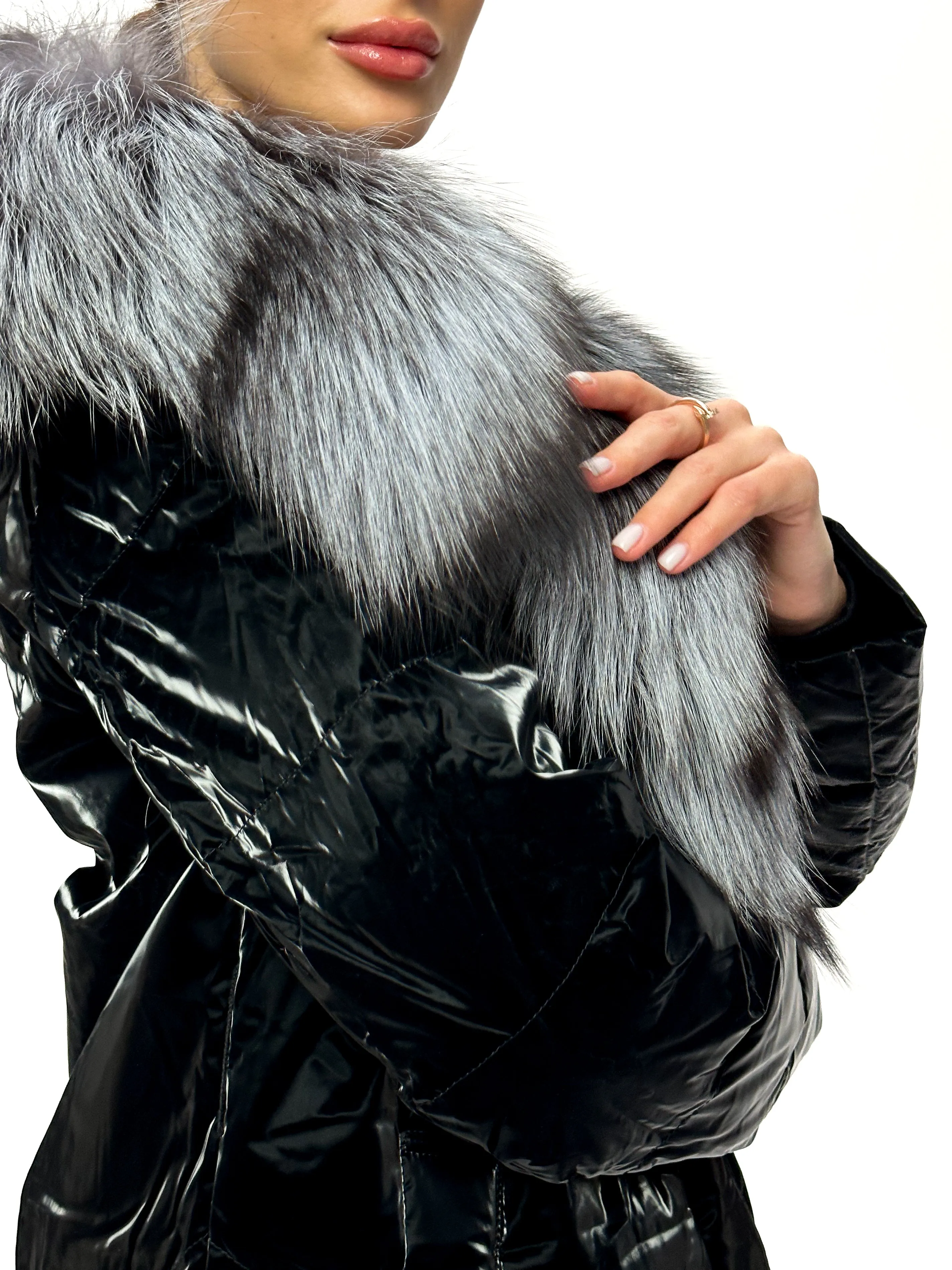 Genuine Silver Fox Fur Down Fill Coat